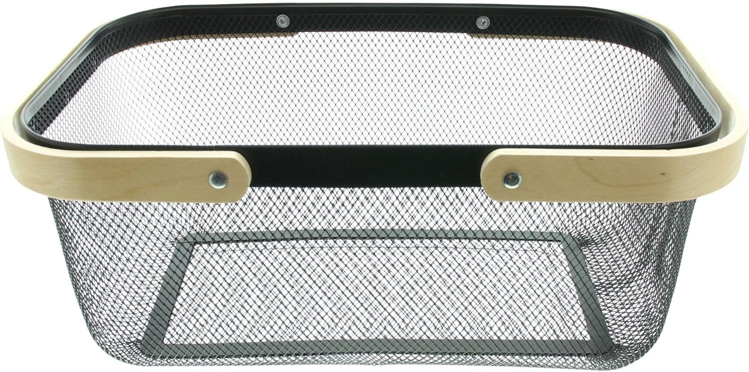 Dekoleidenschaft Drahtkorb "Fine" in schwarz mit Bambushenkel, Metallkorb, umlegbare Henkel, Korb, Henkelkorb, Tragekorb, Servierkorb, kleiner Einkaufskorb, Obstkorb