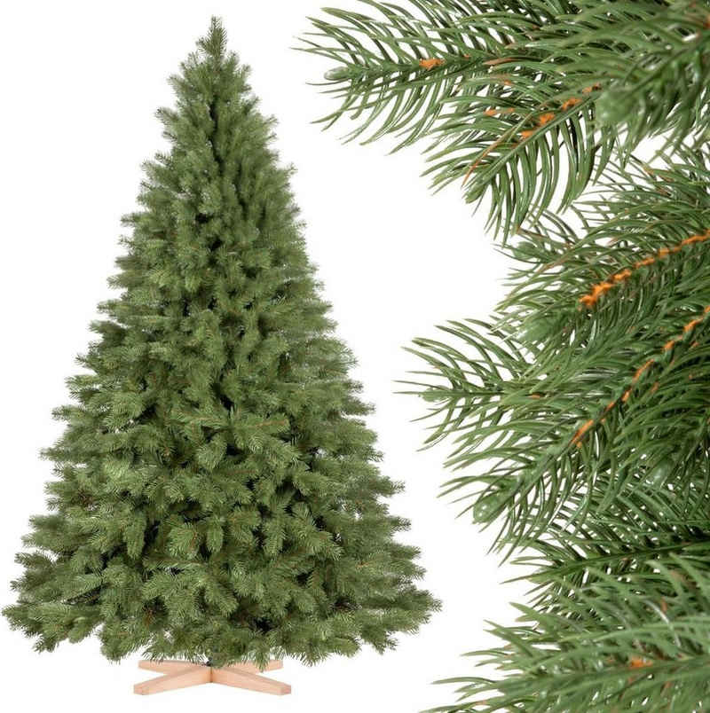Fairytrees Künstlicher Weihnachtsbaum FT18, Königsfichte, PREMIUM Material MIX aus Spritzguss & PVC inkl. Echtholz Baumständer