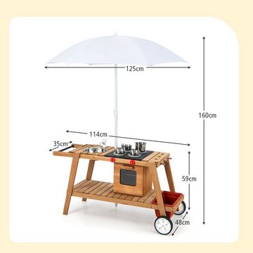 COSTWAY Outdoor-Spielküche Matschküche Holz, mit Sonnenschirm, aus Holz