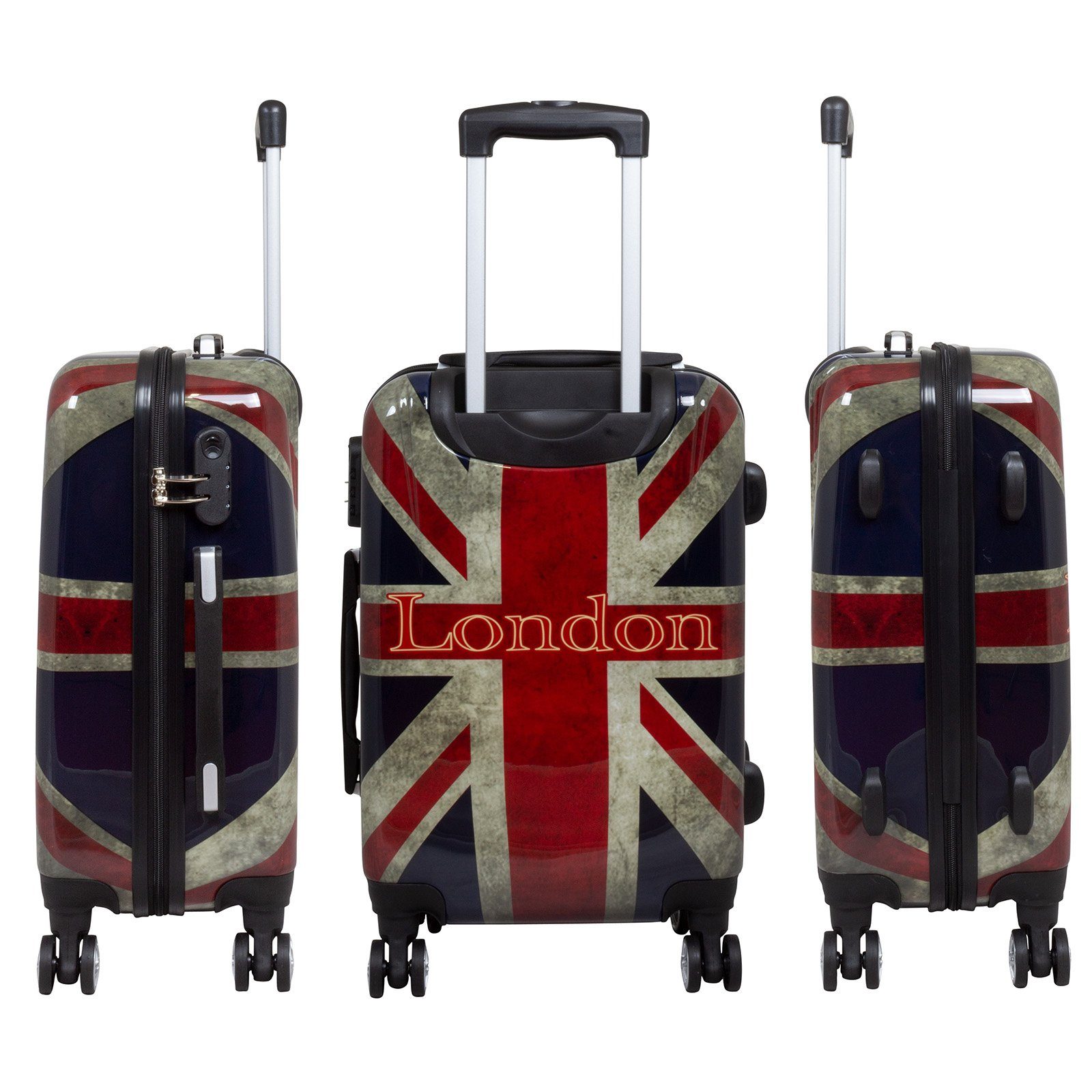 mit Polycarbonat, Hartschalen-Trolley Größen, 3 bunter London-Motiv, 4 Union Zahlenschloss, Rollen, Koffer Trendyshop365 Dehnfalte Jack,