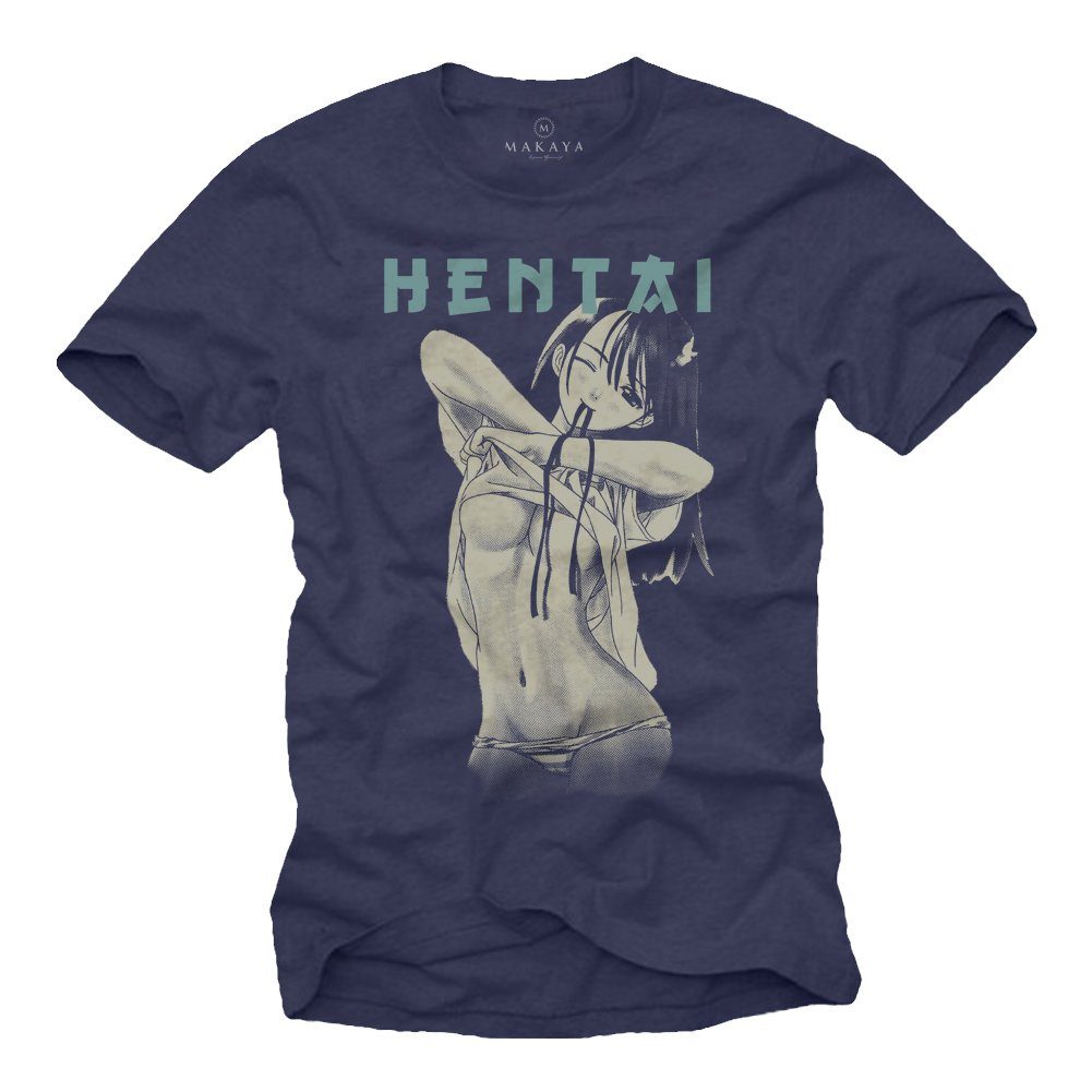 MAKAYA Manga Motiv Senpai Blau Sexy Baumwolle T-Shirt Japan Männer Hentai Waifu mit Herren aus Druck, Comic Anime