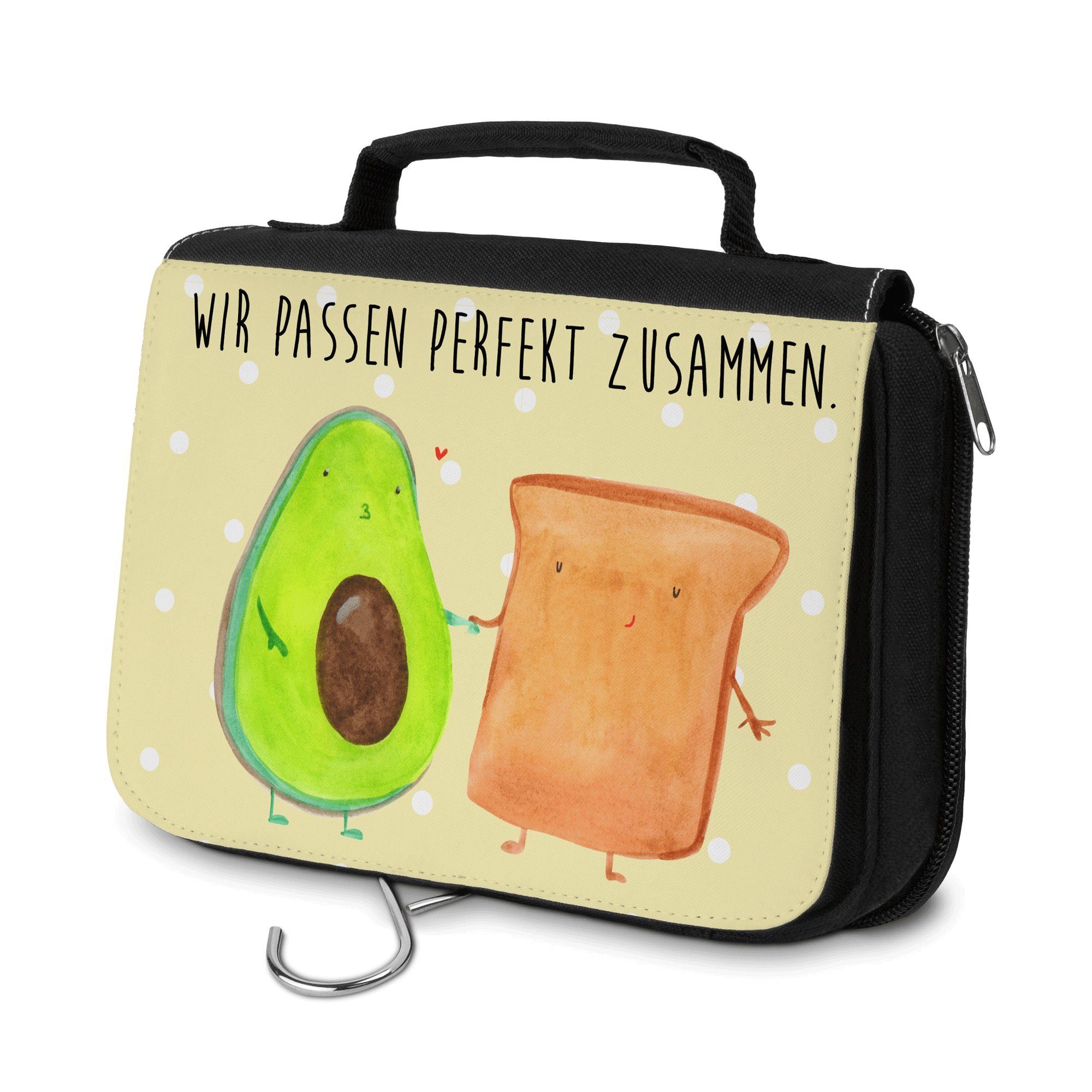 Mr. & Mrs. Panda Kulturbeutel Avocado + Toast - Gelb Pastell - Geschenk, Kosmetiktasche, Hochzeit, (1-tlg)