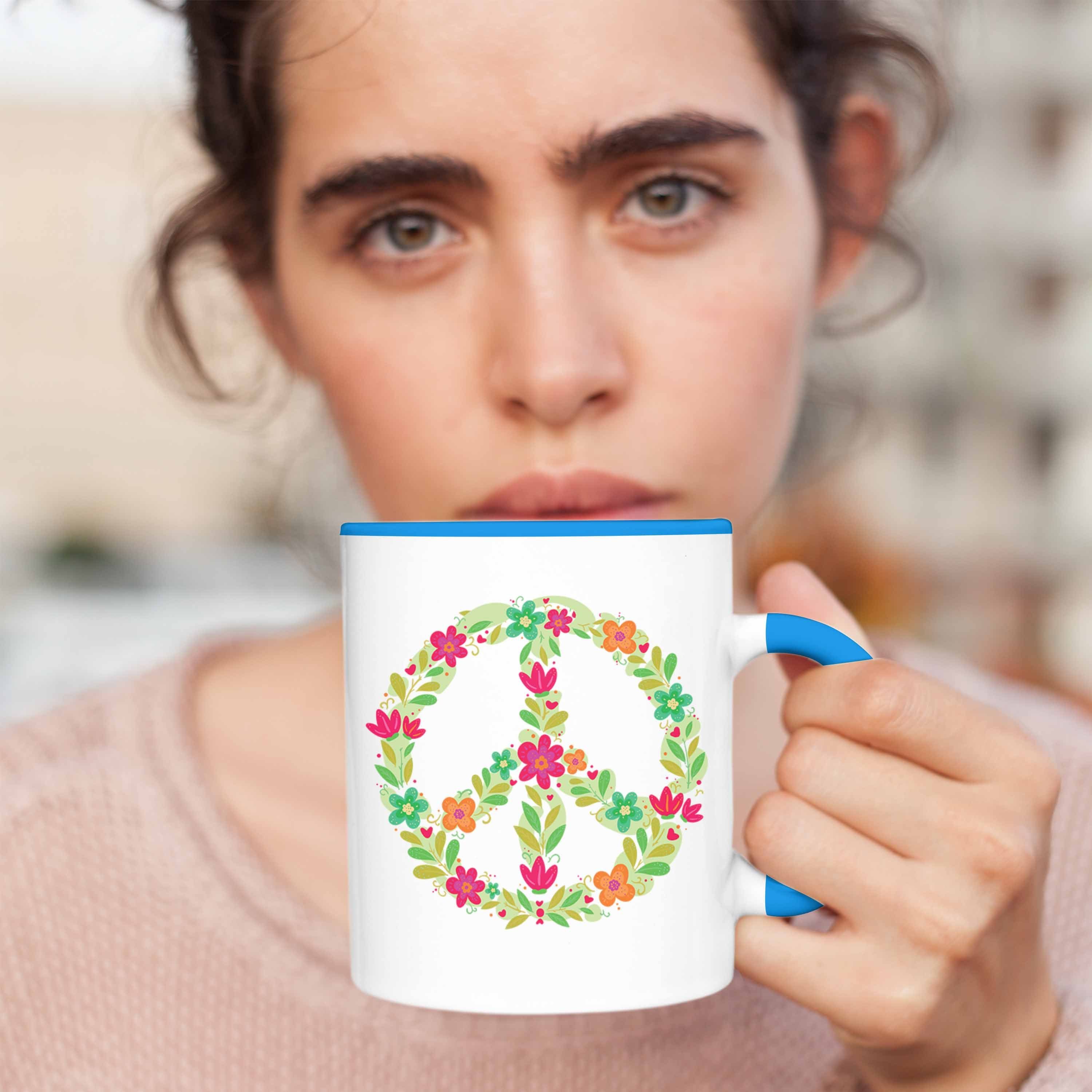 - Blumen Tasse 90er Trendation Hippie Grafik Tasse Grün Frieden Blau Zeichen Trendation Peace 80er Geschenk