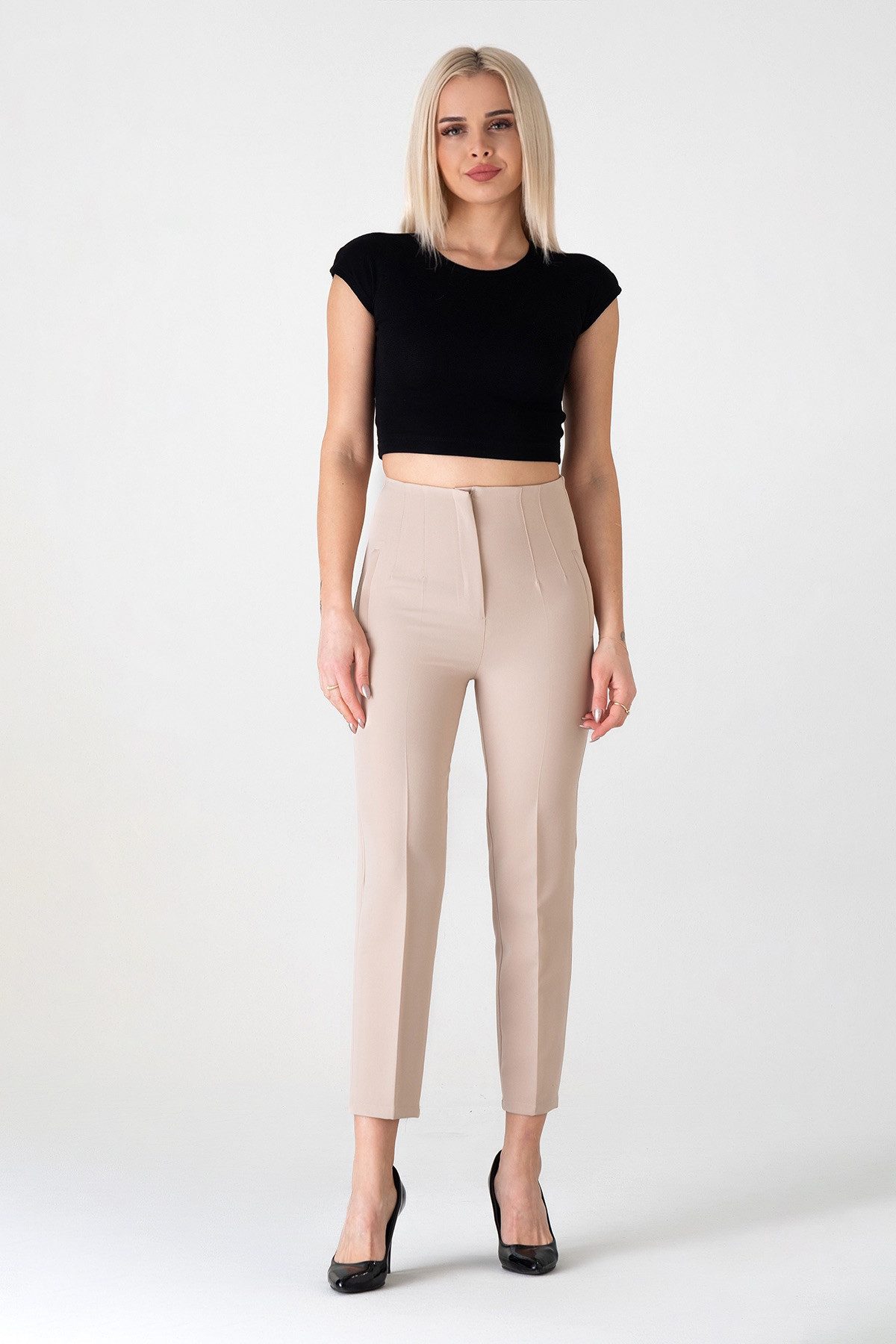 Bügelfaltenhose Damen Hose Elegant Slim Fit Stretch mit V-Detail