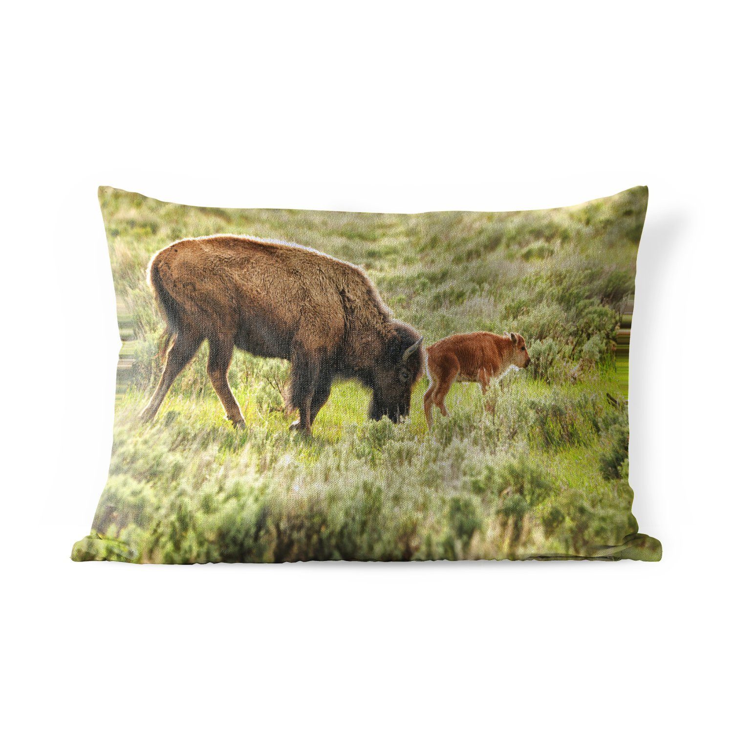 MuchoWow Dekokissen Bison mit Baby in Wyoming, Outdoor-Dekorationskissen, Polyester, Dekokissenbezug, Kissenhülle