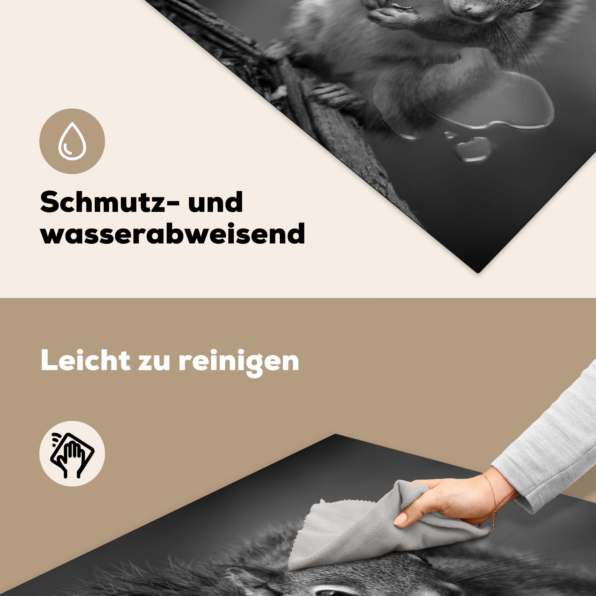 MuchoWow Herdblende-/Abdeckplatte Weiß, Neugieriges und Vinyl, in 78x78 Ceranfeldabdeckung, cm, für Arbeitsplatte (1 tlg), Schwarz küche Eichhörnchen