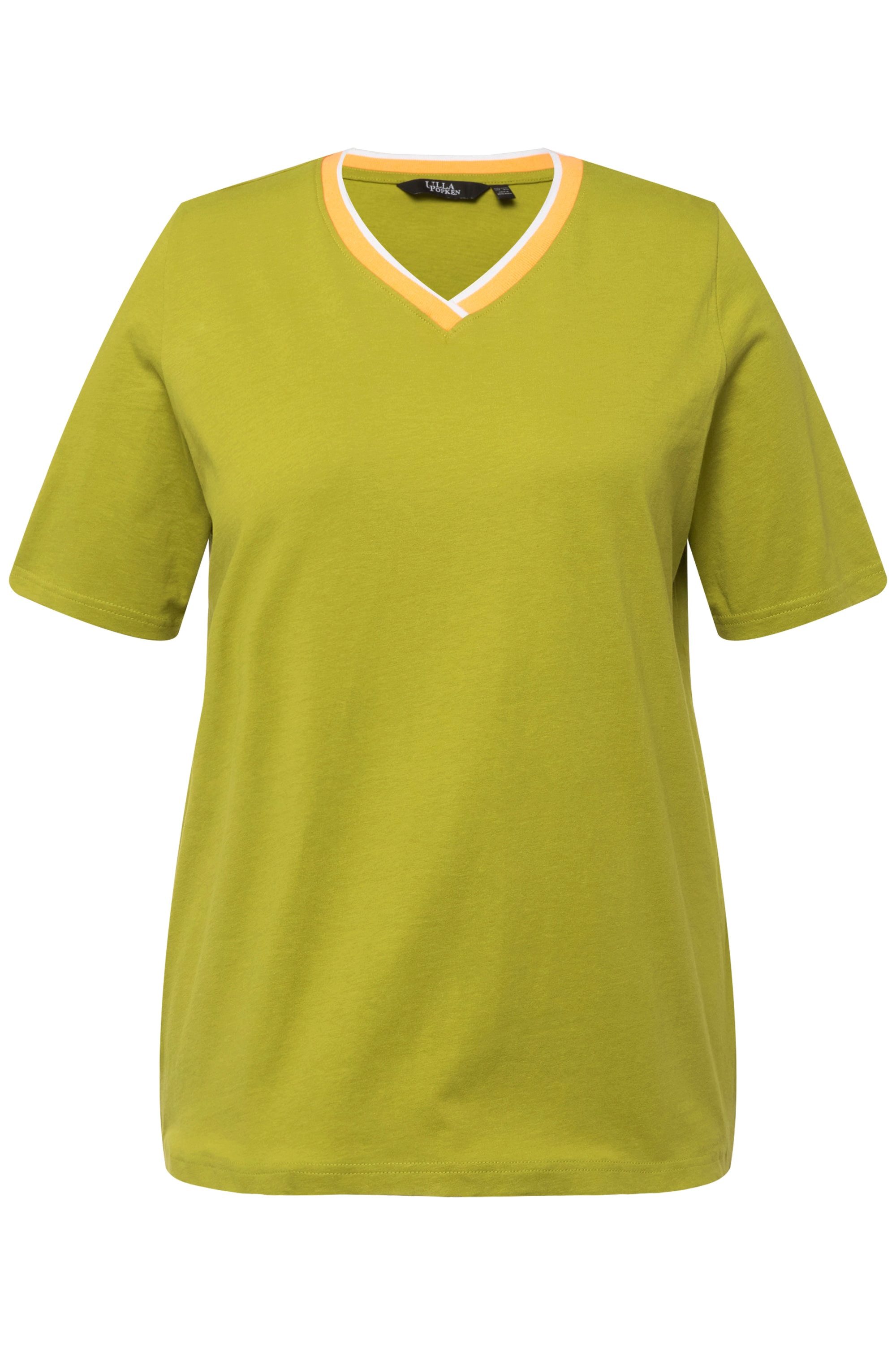 Ulla Popken T-Shirt T-Shirt Streifenbündchen V-Ausschnitt günstig online kaufen