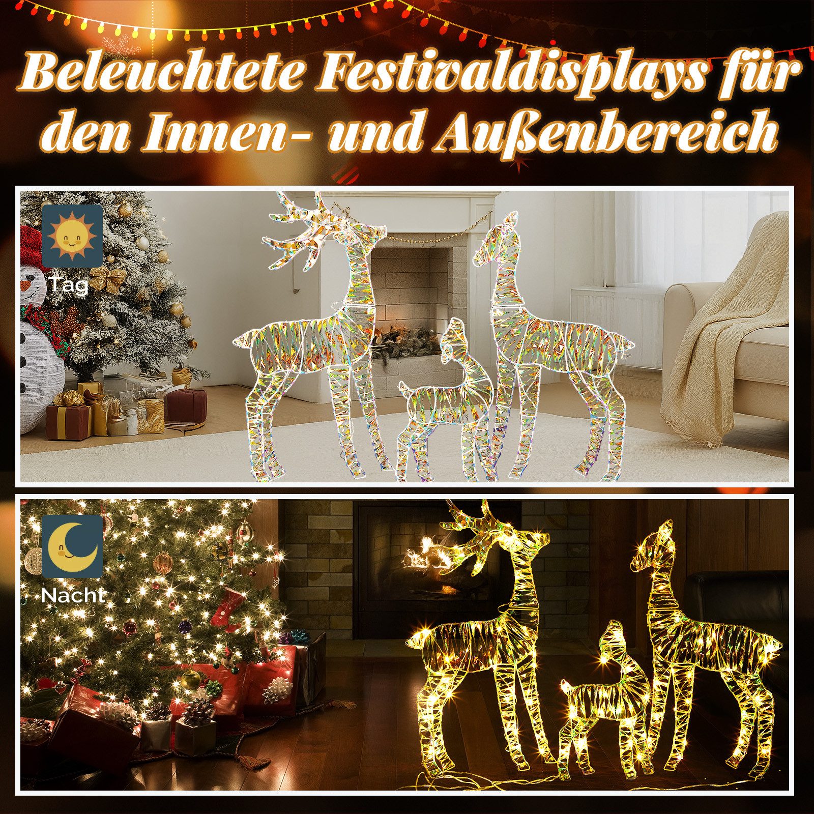LALAHO Weihnachtsfigur Led Rentier 3Tlg Weihnachtsbeleuchtung, mit 150 LEDs, Rentier Weihnachten Deko für Außen und Innen – Bild 2 von 5