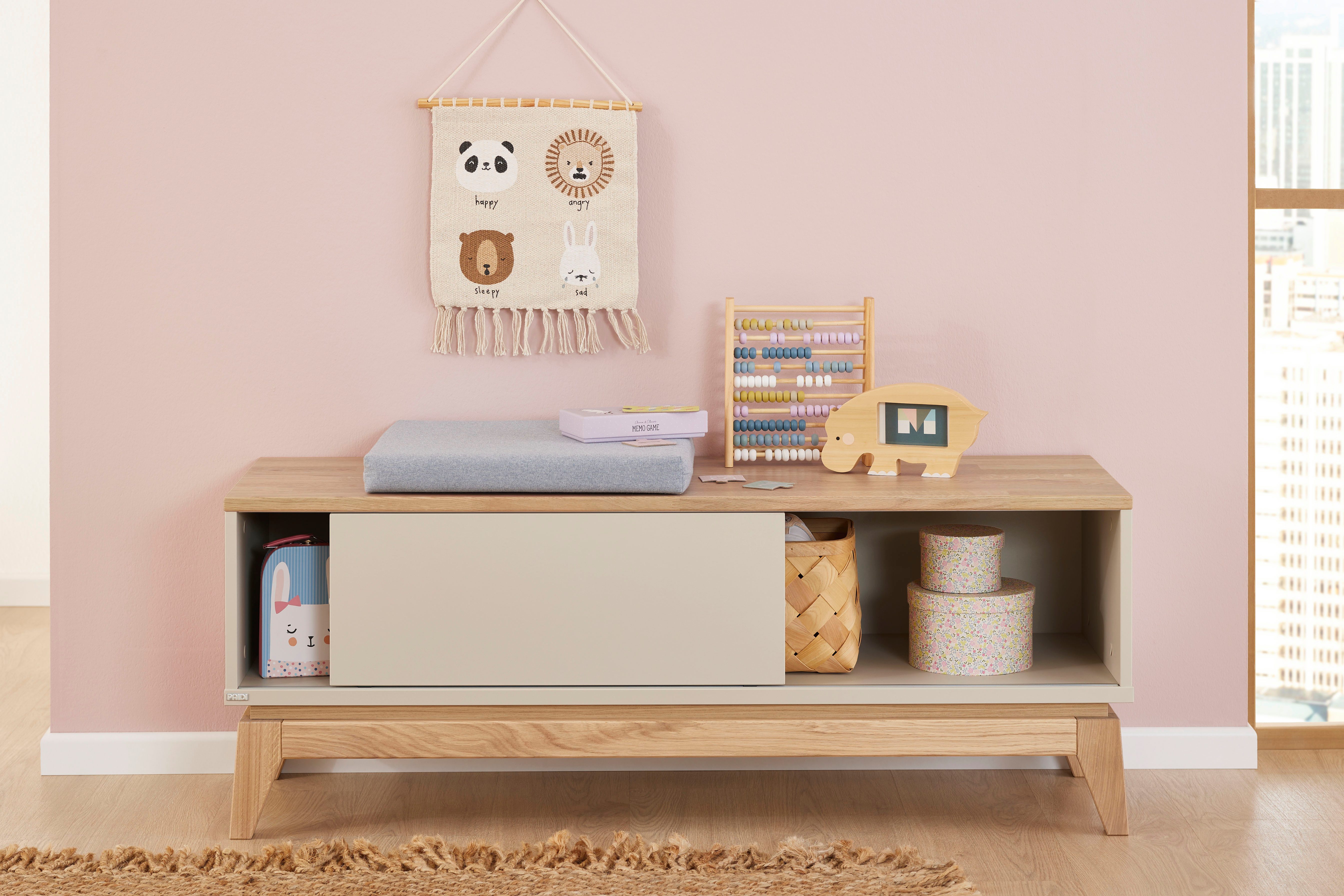 PAIDI Lowboard STIENE in Beige oder Grau, 2 Fächer, Schiebetüre mit Soft-Close (B/H/T ca. 124/47/40cm), stabiles Lowboard mit Massivholz, Sitzfunktion, TV-Board