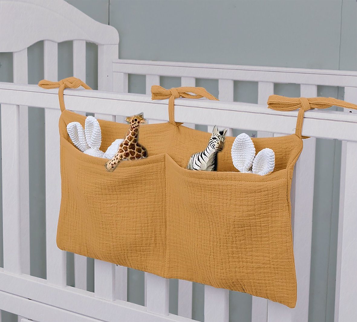 BESTYASH Babybett Organizer - Mehrschichtiger Aufbewahrungsbeutel Aus Canvas, Gelb, Platzsparend