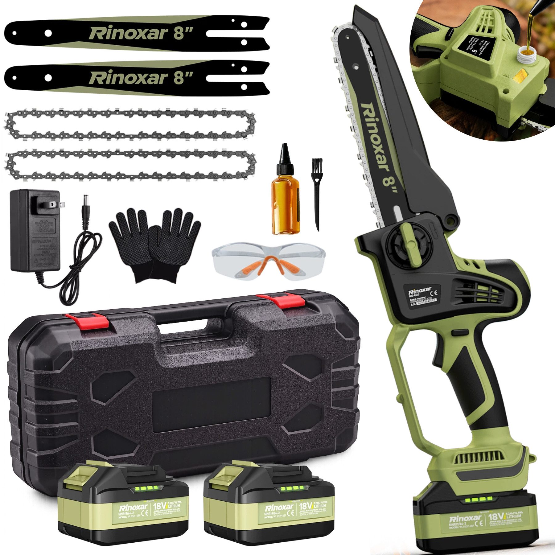 Rinoxar Akku-Kettensäge 8 Zoll Mini Akku Kettensäge, 1800W bürstenlos Handkettensäge, 20 cm Schwertlänge, 2×18V/5200mAh Akkus, Auto-Ölung, werkzeuglose Kettenspannung, Komplettset für Gartenarbeit