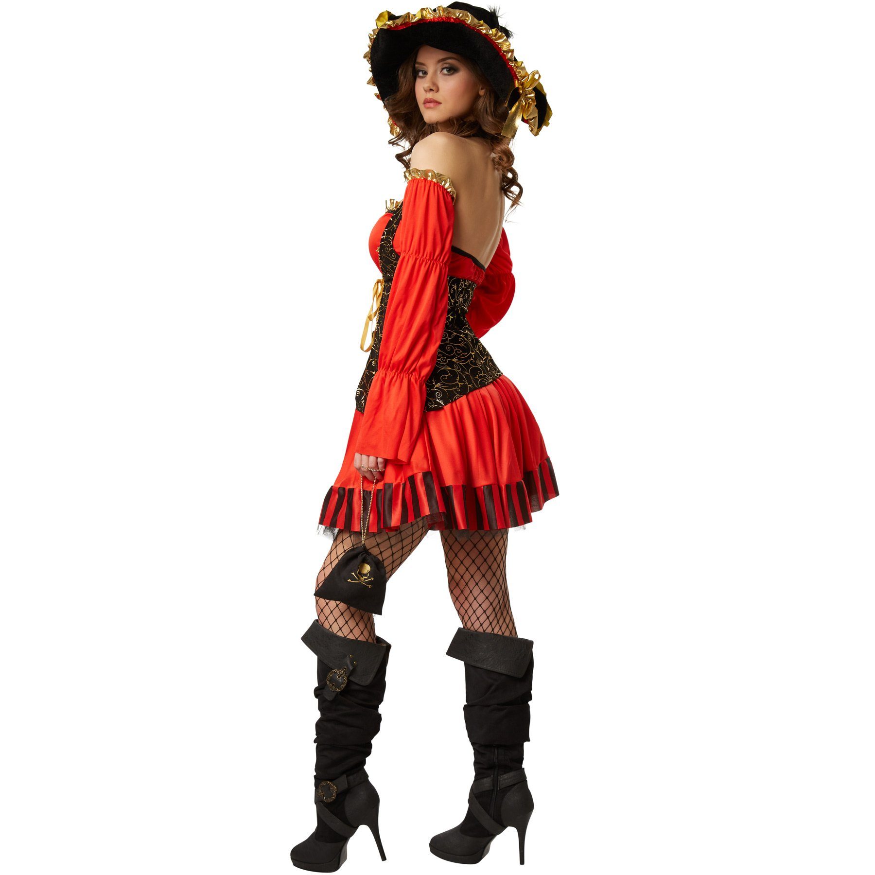 dressforfun Piraten-Kostüm Seeräuber/Freibeuter, in schwarz/rot, Gr. XXL, Lange Armstulpen, Kurz geschnittenes Kleid, Gürtel und Hut mit gelb-goldenem Band