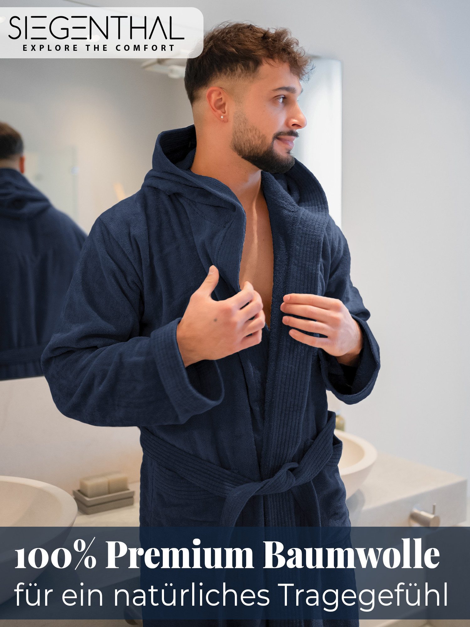 SIEGENTHAL Herrenbademantel 100% Baumwolle Frottee Velours mit Kapuze Wadenlang Wellness und Spa, Kapuze, Bindegürtel, Wadenlang, 2x Taschen, 100% Baumwolle, weich und elegant