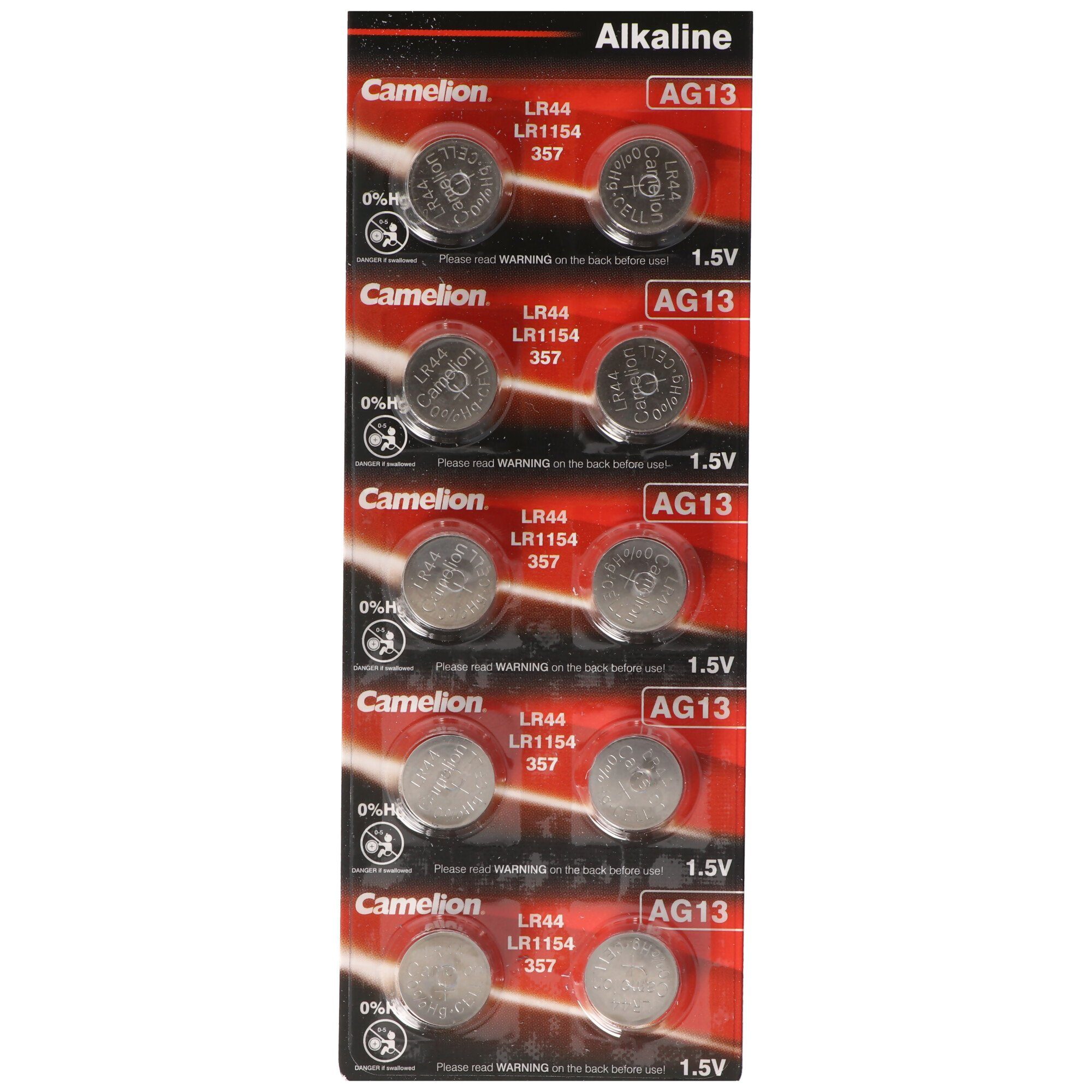 Camelion Alkaline Batterie AG13, LR44, V13GA, GPA76, 82, LR1154, 357A 10er Pac Knopfzelle, (1,5 V)