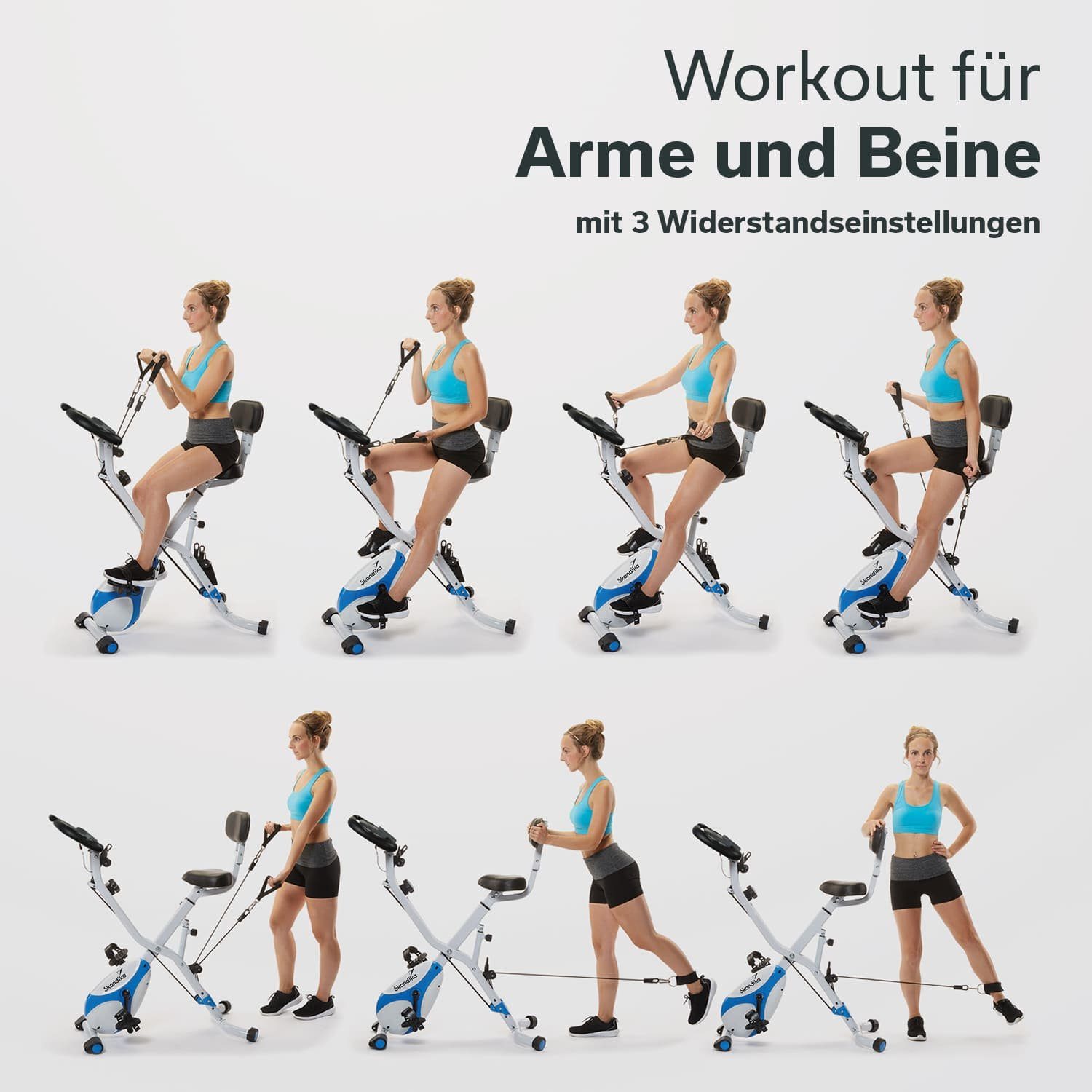 Skandika Heimtrainer Foldaway X-3000, Fitnessbike, F-Bike mit Lehne, Ergometer Fahrrad (Transportrollen, 8 Widerstandsstufen, Halterung für Tablet/Smartphone), klappbar, Multi-Gym 4 in 1, Kinomap App, LCD-Display, Bluetooth