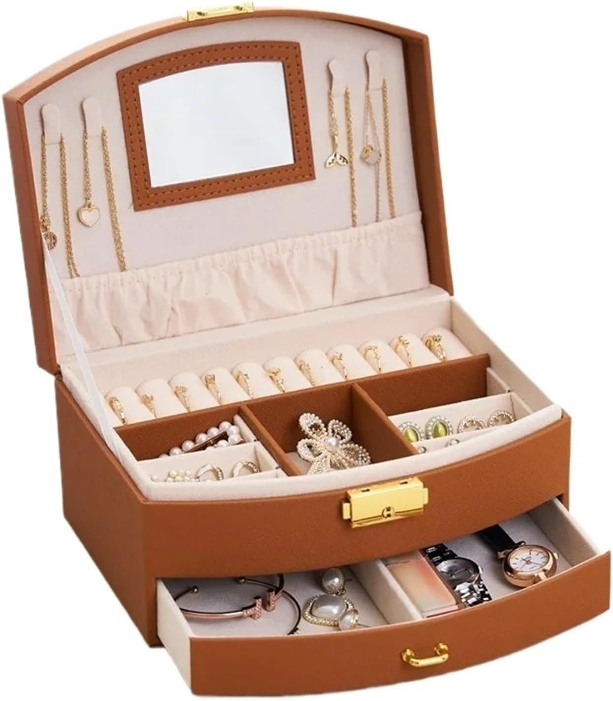 Rhein Beleuchtung Schmuckkasten Mehrschichtiges Schmuckkästchen mit Schloss (Organizer-Box in Weiß, Rosa, Braun – perfekt als Geschenk), Elegantes Design & großes Fassungsvermögen zur Schmuckaufbewahrung