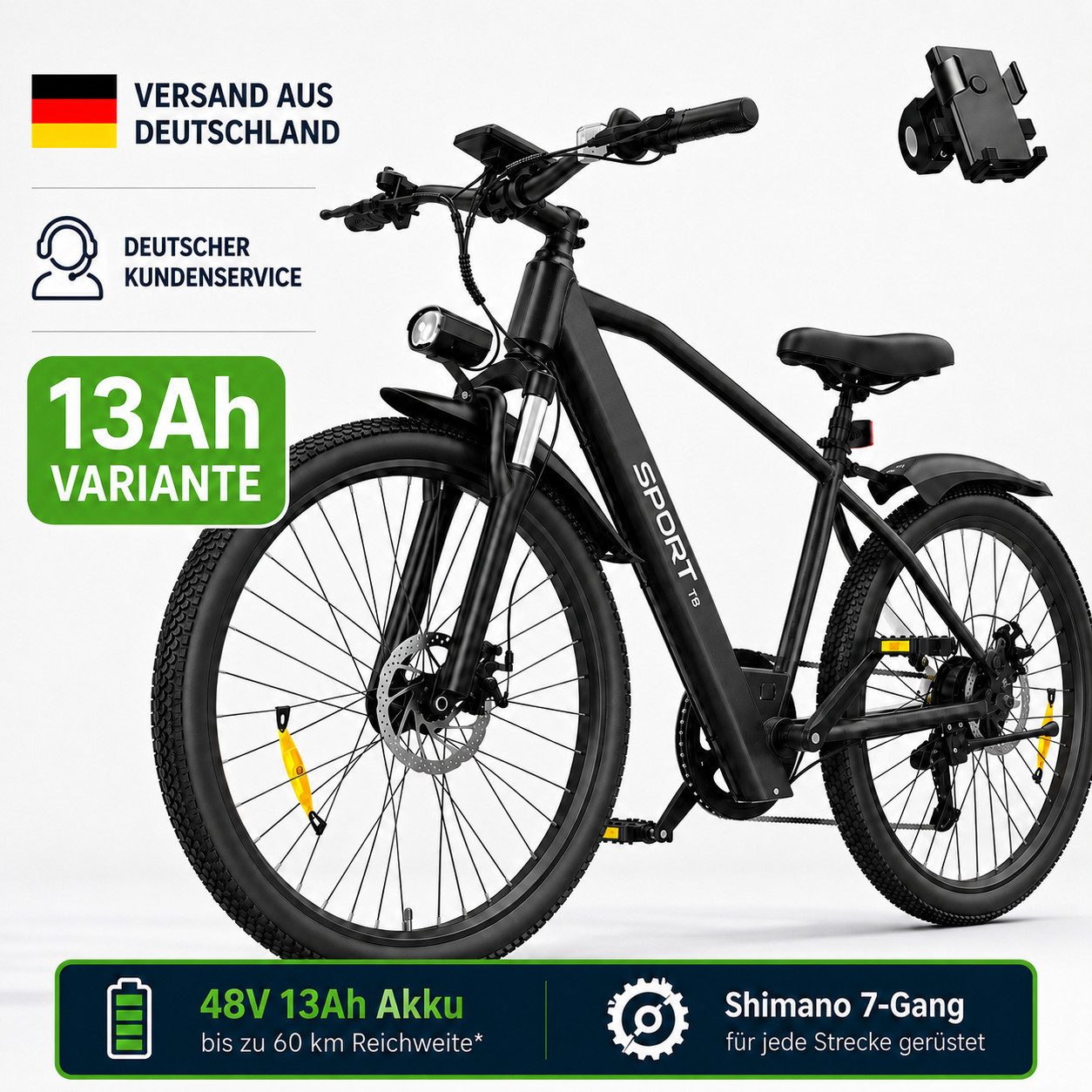 PixelPilot E-Bike Cityrad 26'' Elektrofahrrad 48V 13/8Ah Akku, Shimano 7-Gang, Abnehmbarer Korb, 7 Gang, Nabenmotor, 624 Wh, (Packung)