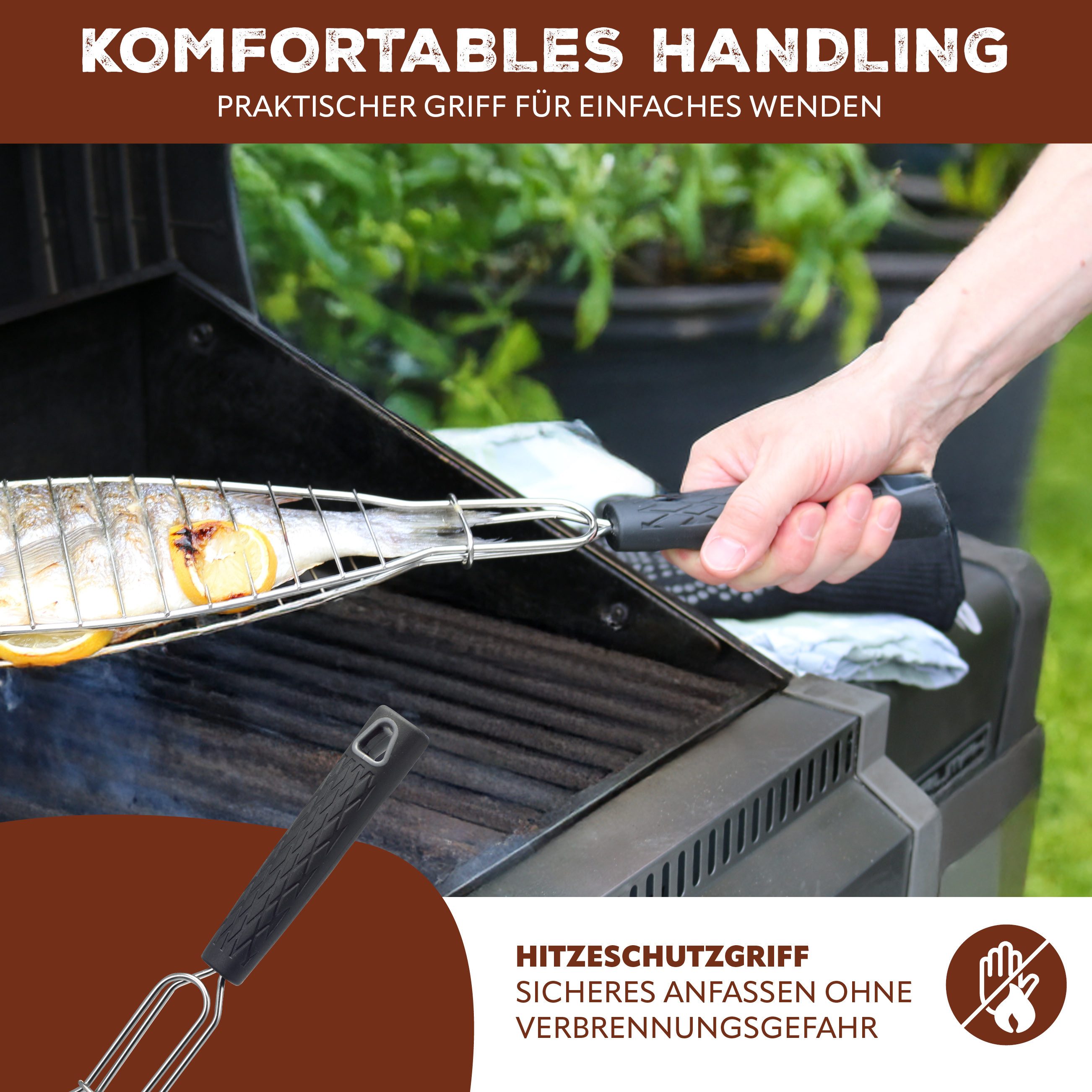 bremermann Grillguthalter Fisch-Grillhalter 4er Set Fischhalter, Fischgriller, Fischbräter, Edelstahl, Kunststoff, (4-St), für Fische bis ca. 30 cm Länge – Bild 5 von 5