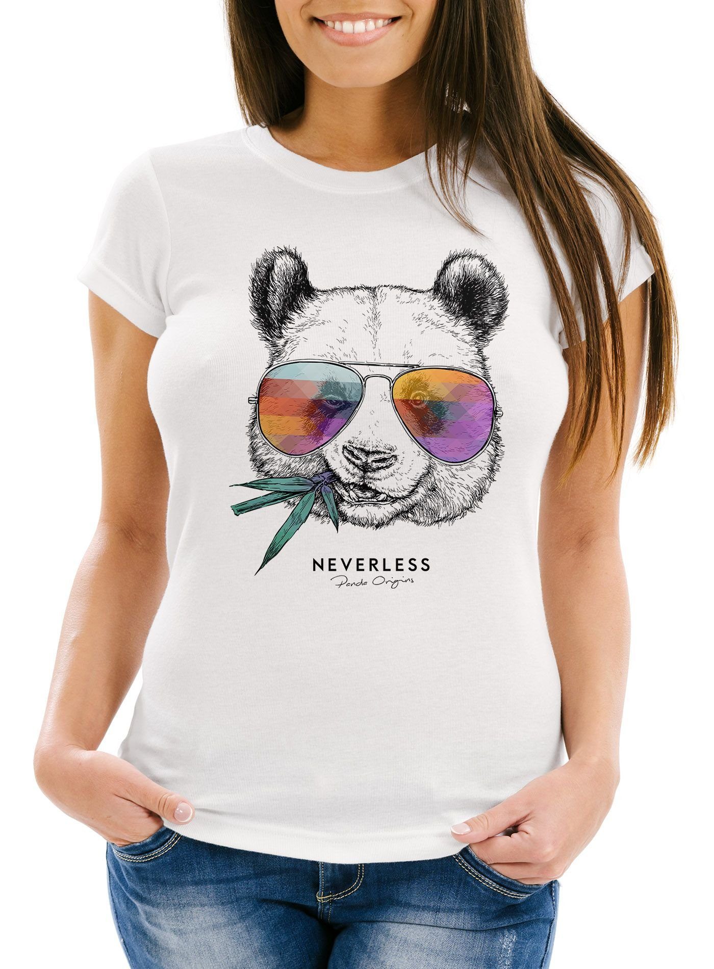 Neverless Print-Shirt Damen T-Shirt Panda Bär Aufdruck Tiermotiv mit Sonnenbrille Fashion Streetstyle Slim Fit Neverless® mit Print