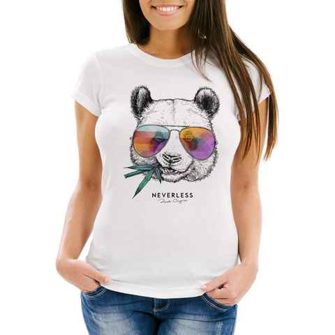 Neverless Print-Shirt Damen T-Shirt Panda Bär Aufdruck Tiermotiv mit Sonnenbrille Fashion Streetstyle Slim Fit Neverless® mit Print