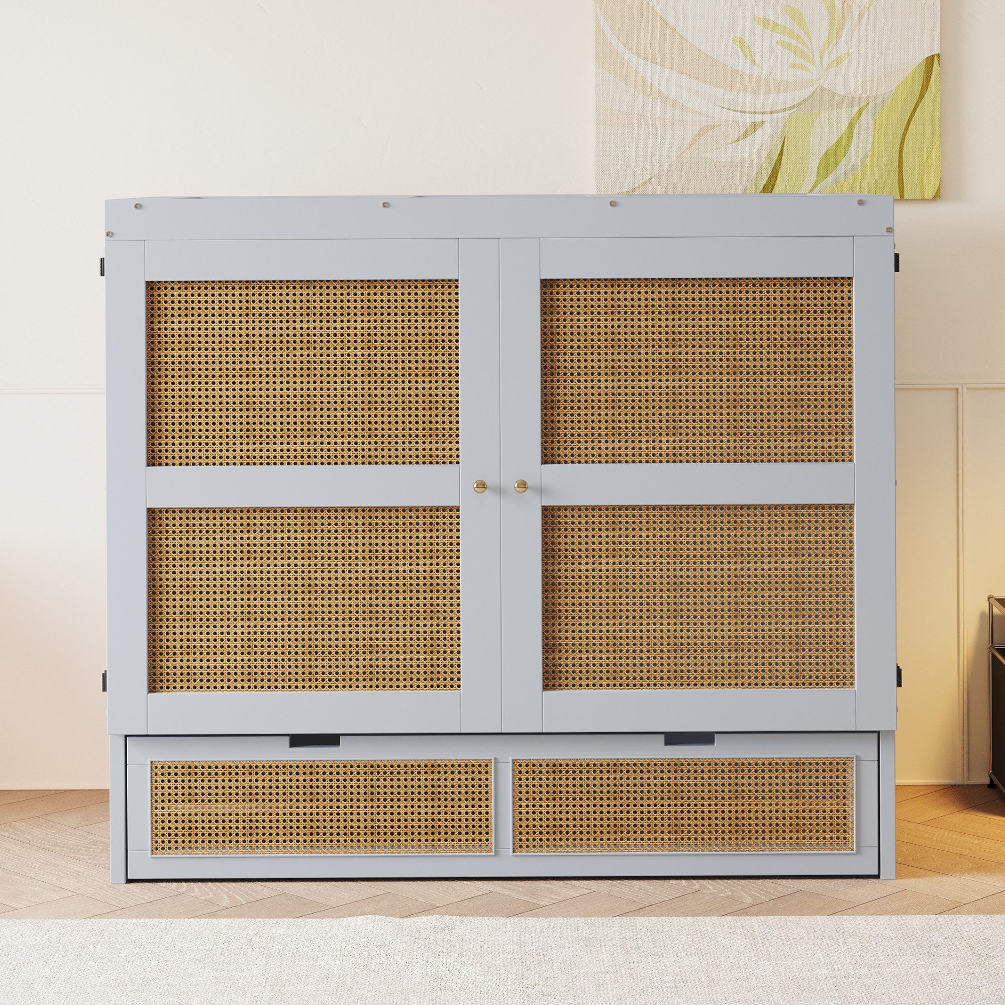 Flieks Schrankbett Holzbett Klappbett 140x200cm mit Schubladen und Rattan-Design
