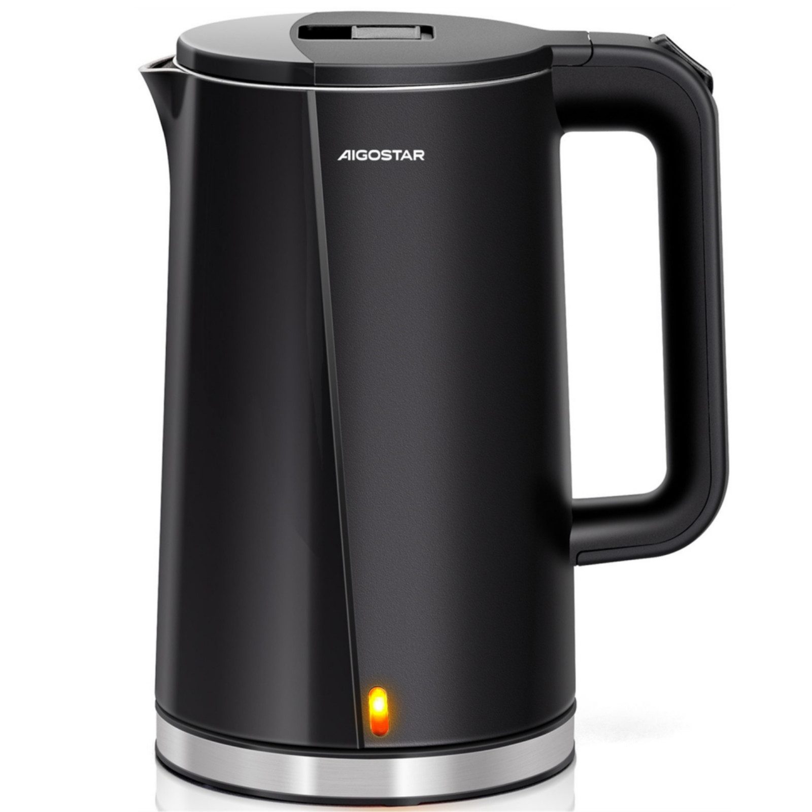 Aigostar Wasserkocher Edelstahl Doppelwand Design Elektrischer Wasserkocher BPA frei Schwarz, 1.7 l, 2200,00 W, Edelstahl, Doppelwand Design, Schnelles Erhitzen
