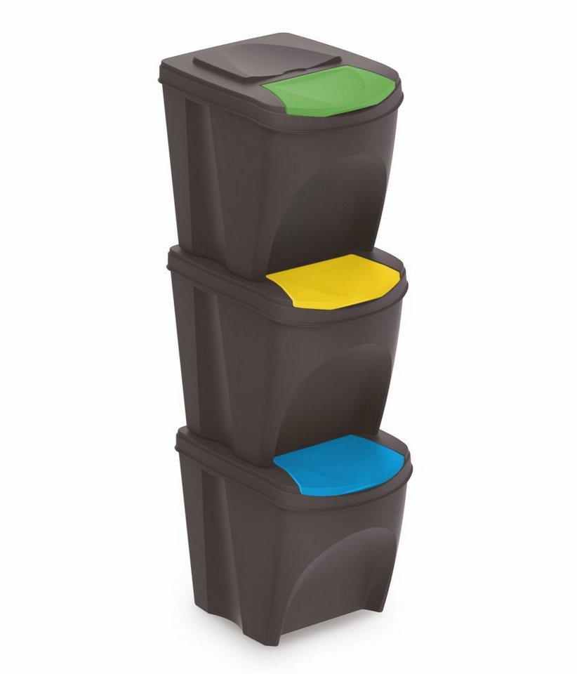 Spetebo Mülleimer Sortibox - 3er Set Mülleimer mit 25 anthrazit, Stapelbares Müll Trennsystem