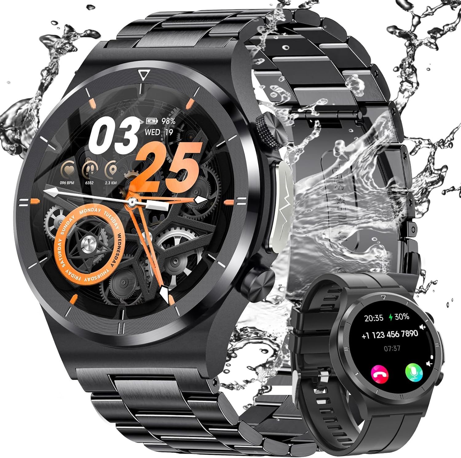 HASAKEI Herren%27s Telefonfunktion IP68 Wasserdicht 300 mAh Fitness Tracker Smartwatch (1,39 Zoll, Android/iOS), mit 24/7 Herzfrequenz Schlafmonitor SpO2 123 Sportmodi