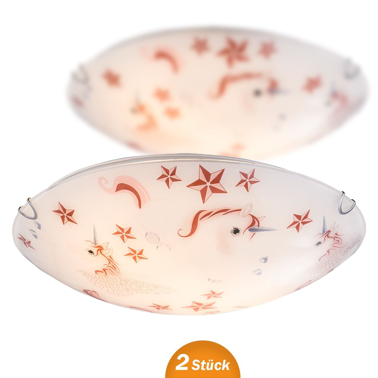 bmf-versand Deckenleuchte Deckenleuchte Kinderzimmer 2er Set Kinderlampe Decke Einhorn Glas, Kinderleuchte Decke, ohne Leuchtmittel, Kinderzimmerlampe für Jungen und Mädchen