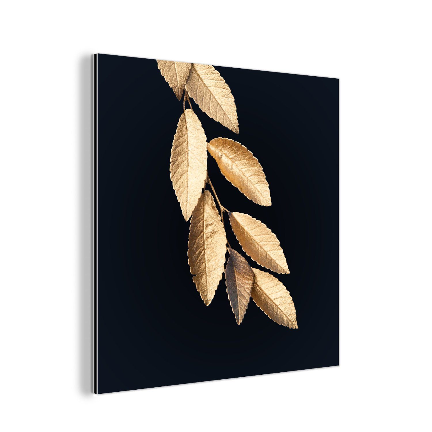 MuchoWow Metallbild Blätter - Schwarz - Gold - Luxus - Pflanzen, (1 St), Alu-Dibond-Druck, Gemälde aus Metall, Aluminium deko
