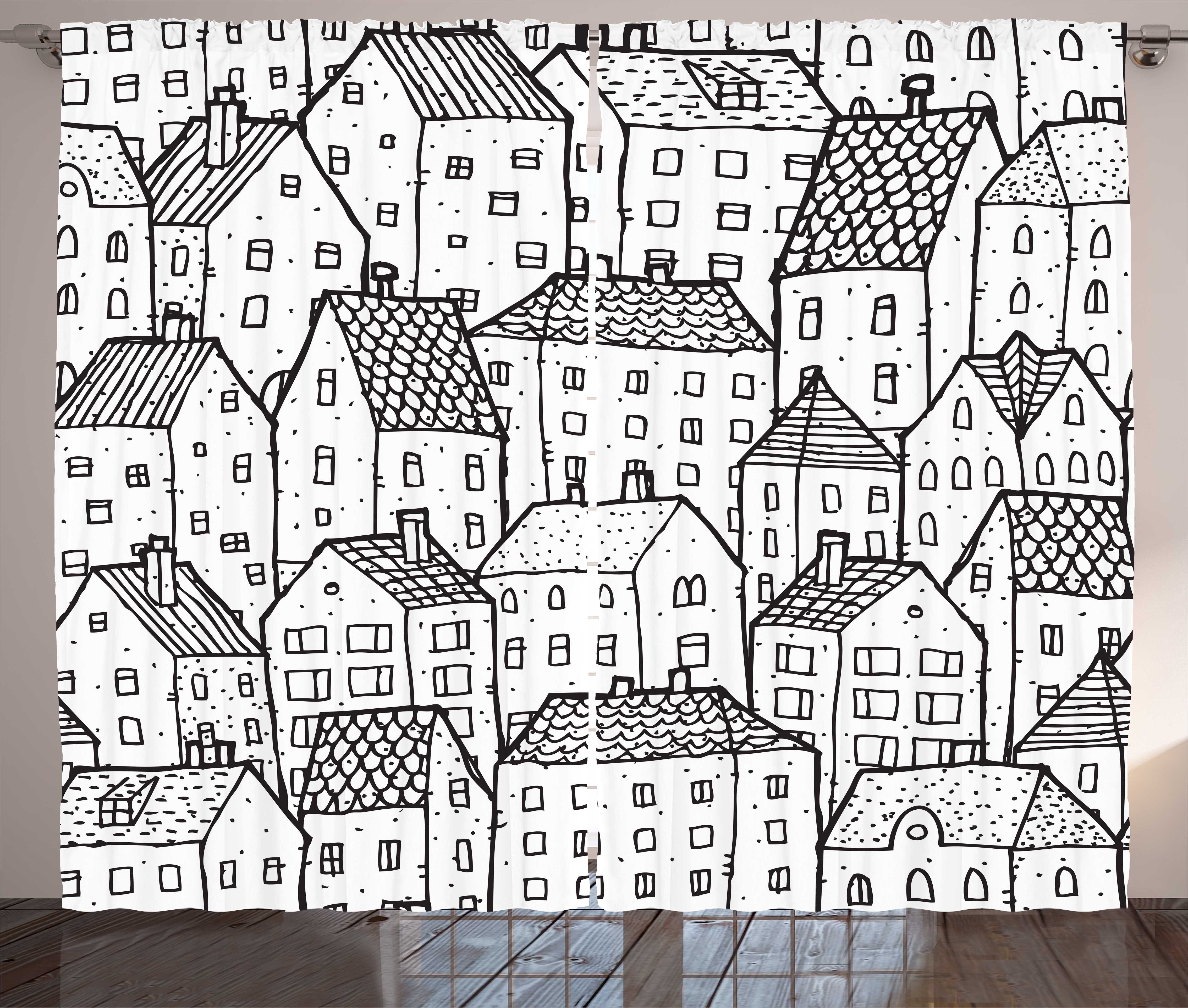 mit Abakuhaus, Gardine Vorhang Stadt Simplistic Schlafzimmer gezeichnete Haken, Hand und Häuser Schlaufen Kräuselband
