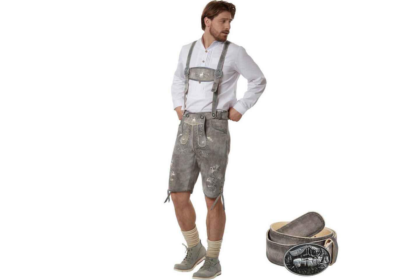 dressforfun Trachtenhose Komfortable Lederhose aus weichem, langlebigem Ziegenleder (Herrenhose Marlon, für Volksfeste in Sandfarben) mit Stickereien, Edle Knochenknöpfe, Inkl. Ledergürtel und Hosenträger