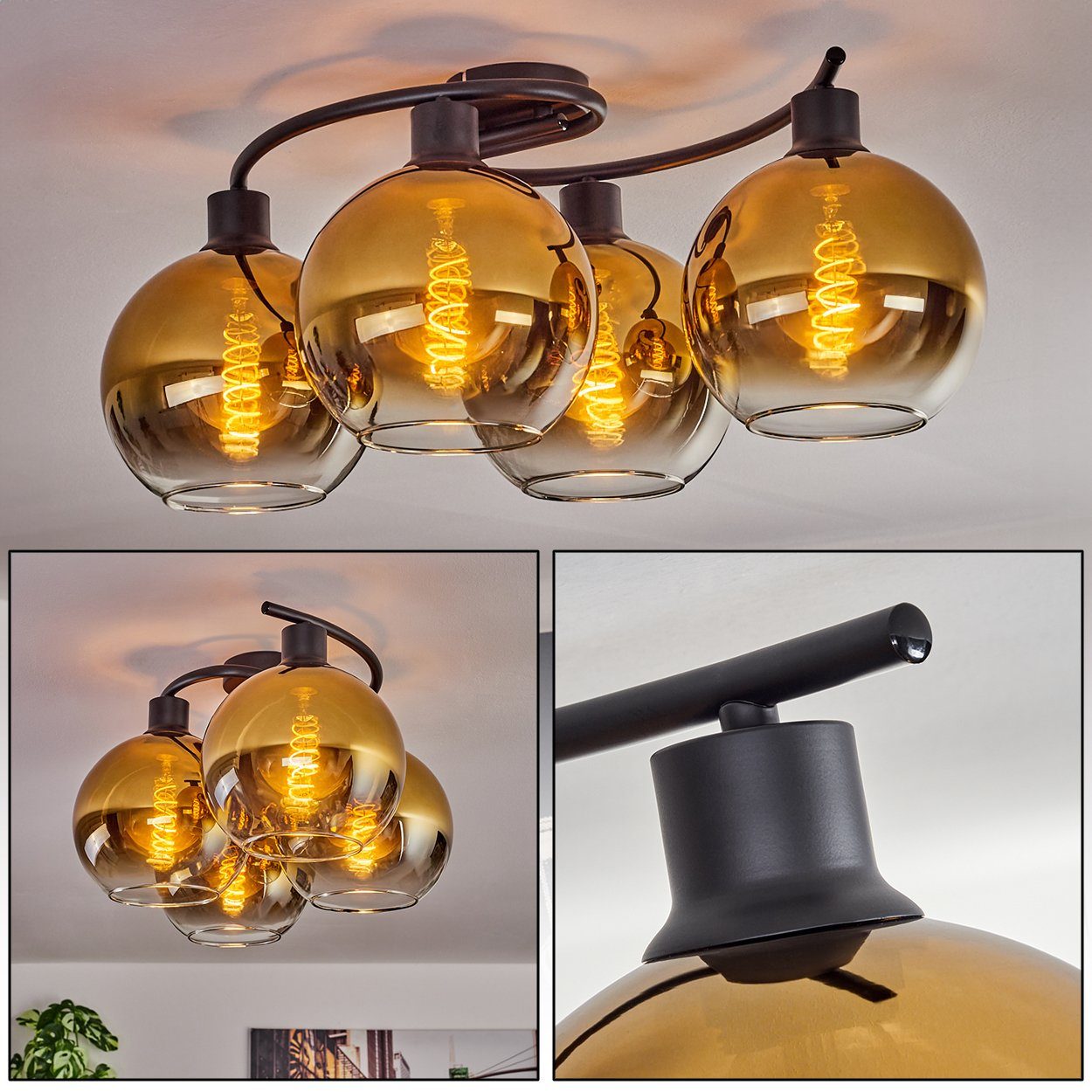 hofstein Deckenleuchte Deckenlampe aus Metall/Glas in Schwarz/Goldfarben/Klar, ohne Leuchtmittel, Leuchte im Retro-Design aus Glas, 4 x E27, ohne Leuchtmittel