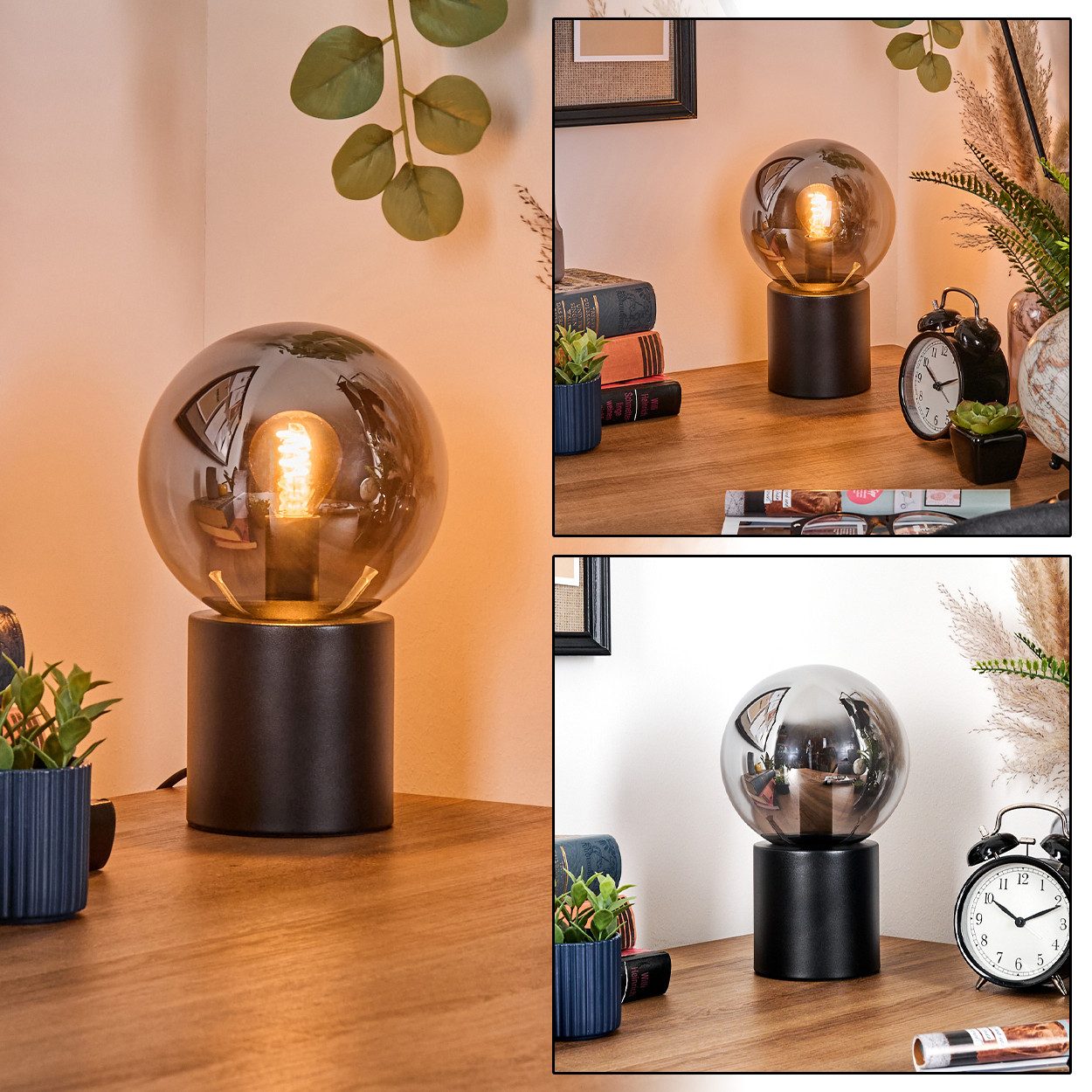 Tischleuchte Tischlampe aus Metall/Glas in Schwarz/Rauchfarben