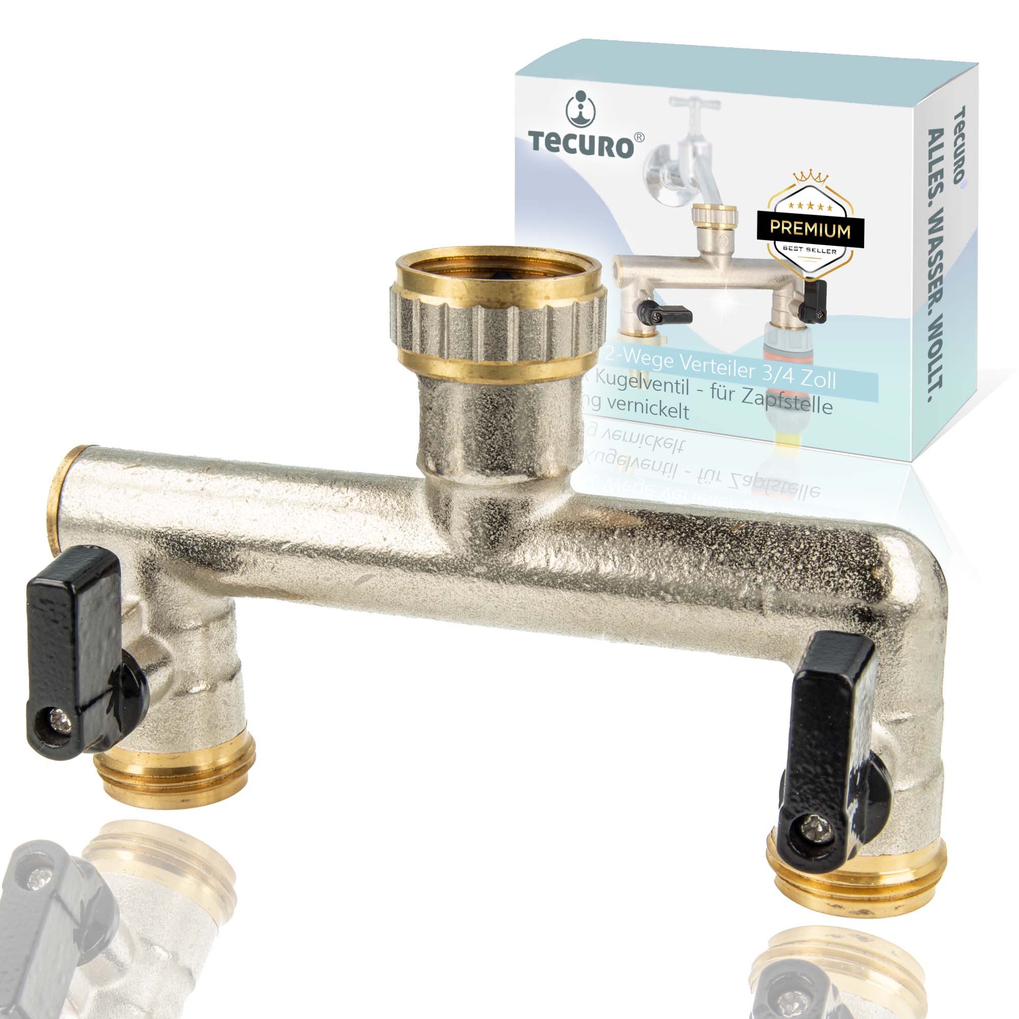 tecuro Bewässerungssystem 2-Wege Verteiler 3/4 Zoll mit 2 x Kugelventil, für Zapfstelle