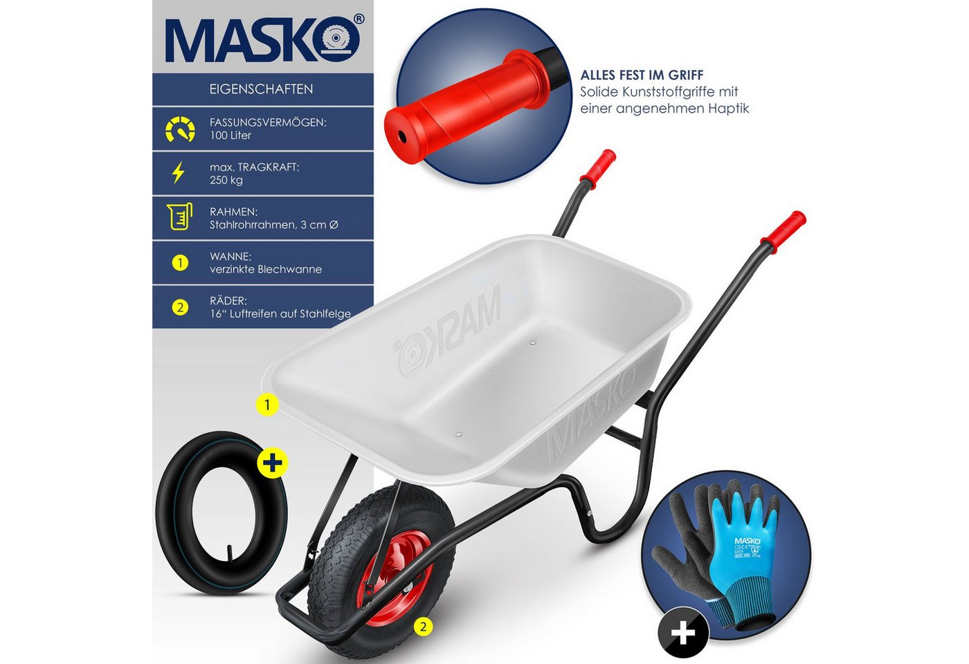 Thumbnail - MASKO Schubkarre, Schubkarre Bauschubkarre Gartenschubkarre 100 Liter bis 250kg