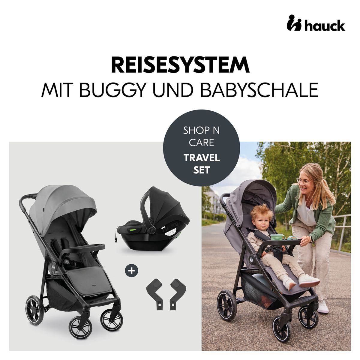 Hauck Kinder-Buggy Shop N Care 2in1 - Grey, Kinderwagen Sportwagen Set inkl. Babyschale bis 22 kg klein faltbar