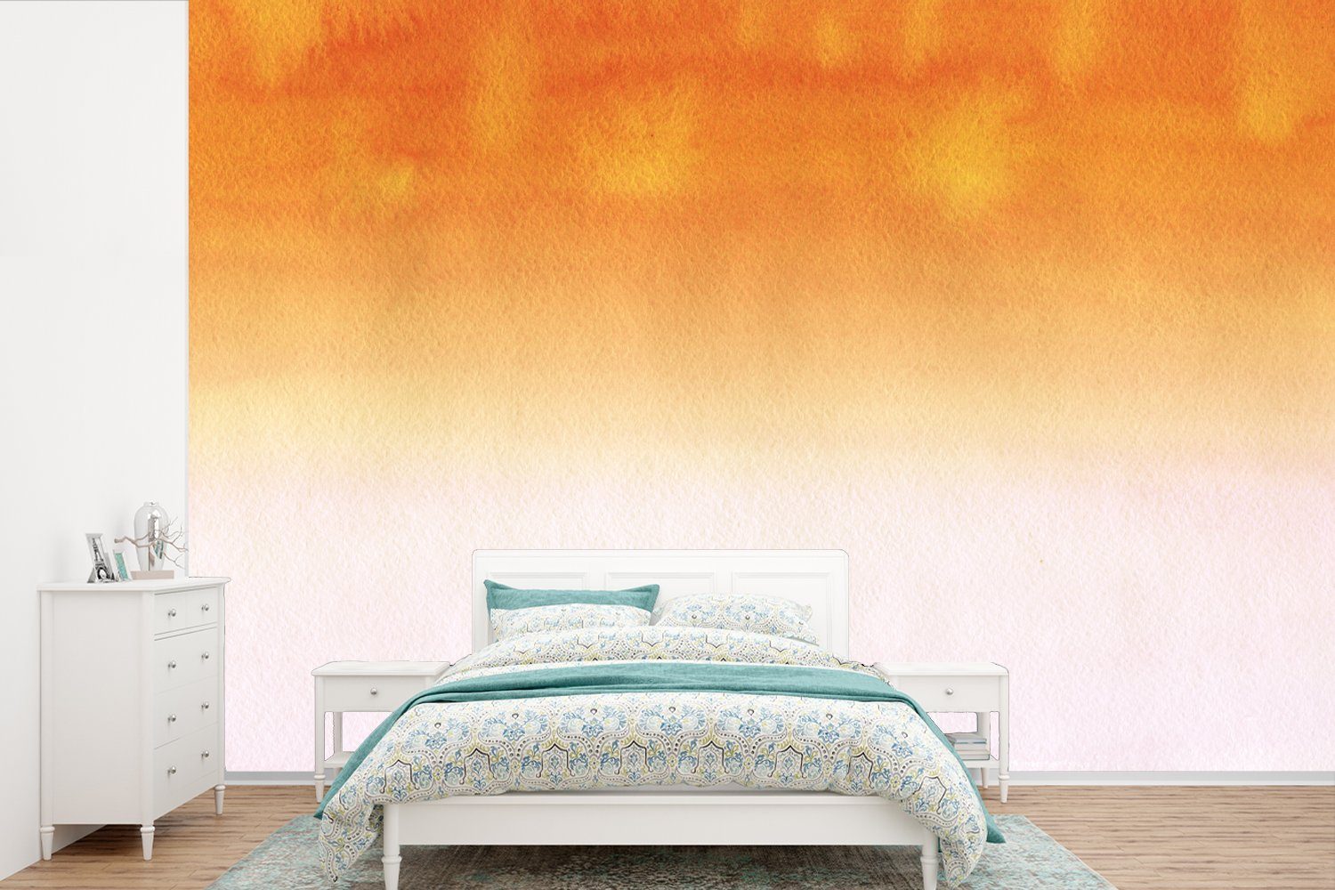 MuchoWow Fototapete Aquarell - Weiß - Orange, Matt, bedruckt, (6 St), Wallpaper für Wohnzimmer, Schlafzimmer, Kinderzimmer, Vinyl Tapete