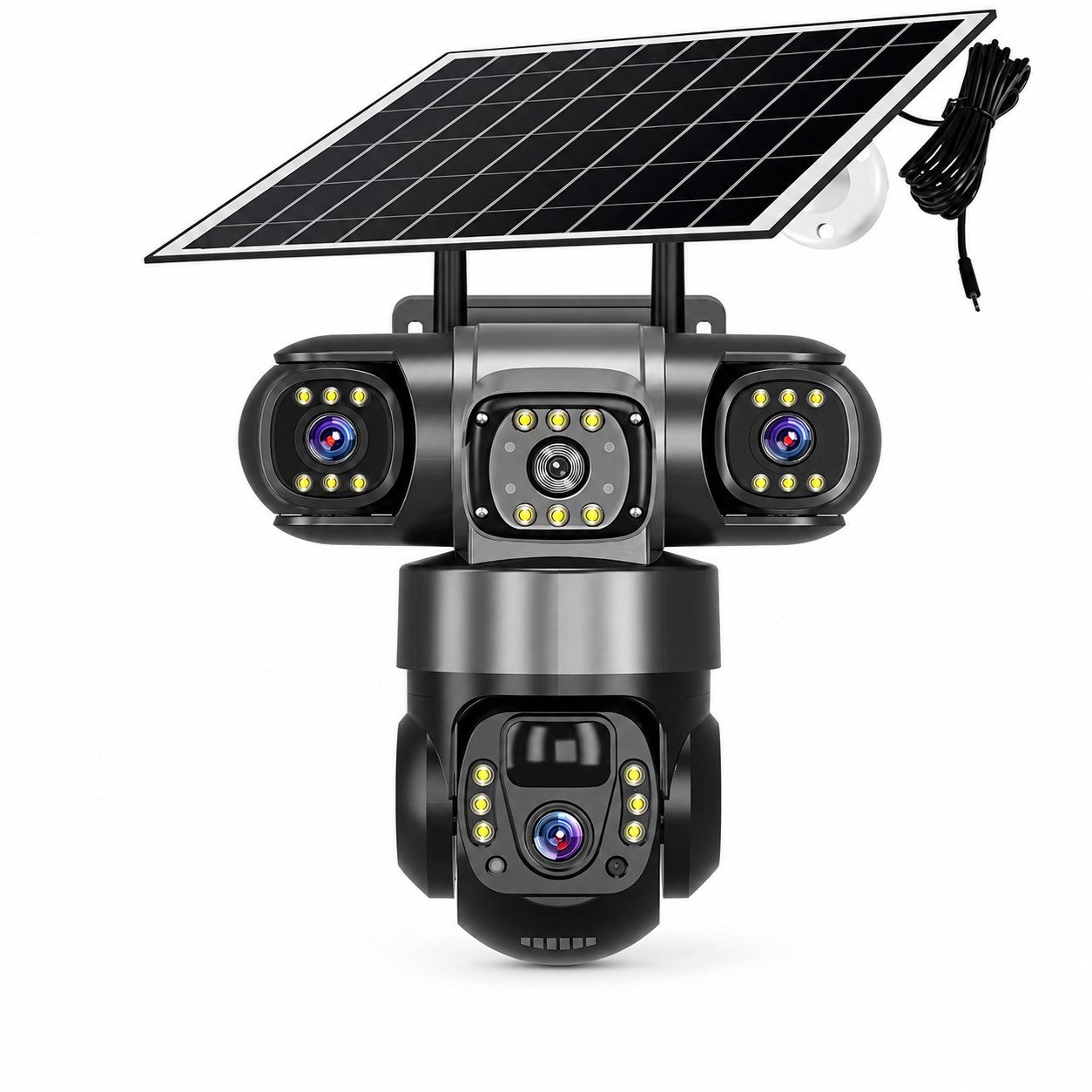 HS.SUPPLY Überwachungskamera Solar Überwachungskamera Außen WLAN PTZ 15MP 3-Linsen IP66 (Innenbereich, Außenbereich, Komplett-Set, Direkt einsatzbereit, Drei Objektive, Solarstromversorgung, PIR-Personenerkennung)