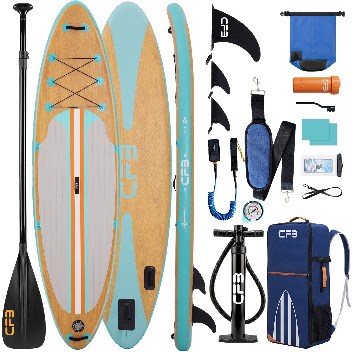 CFB SUP-Board Set 320x84x15 cm, 160 kg Traglast, extra breites iSUP in Holzoptik, aufblasbares Stand Up Paddle Board, (Inflatable SUP-Board, 12 tlg., Komplett-Set mit Alu-Paddel, Pumpe, Rucksack, 5L Dry Bag, Schultergurt), Das kipp-sichere Allround-Board für Anfänger & Familien