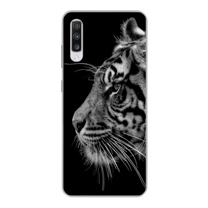 MuchoWow Handyhülle Tiger auf schwarzem Hintergrund in schwarz und weiß Phone Case Handyhülle Samsung Galaxy A70 Silikon Schutzhülle