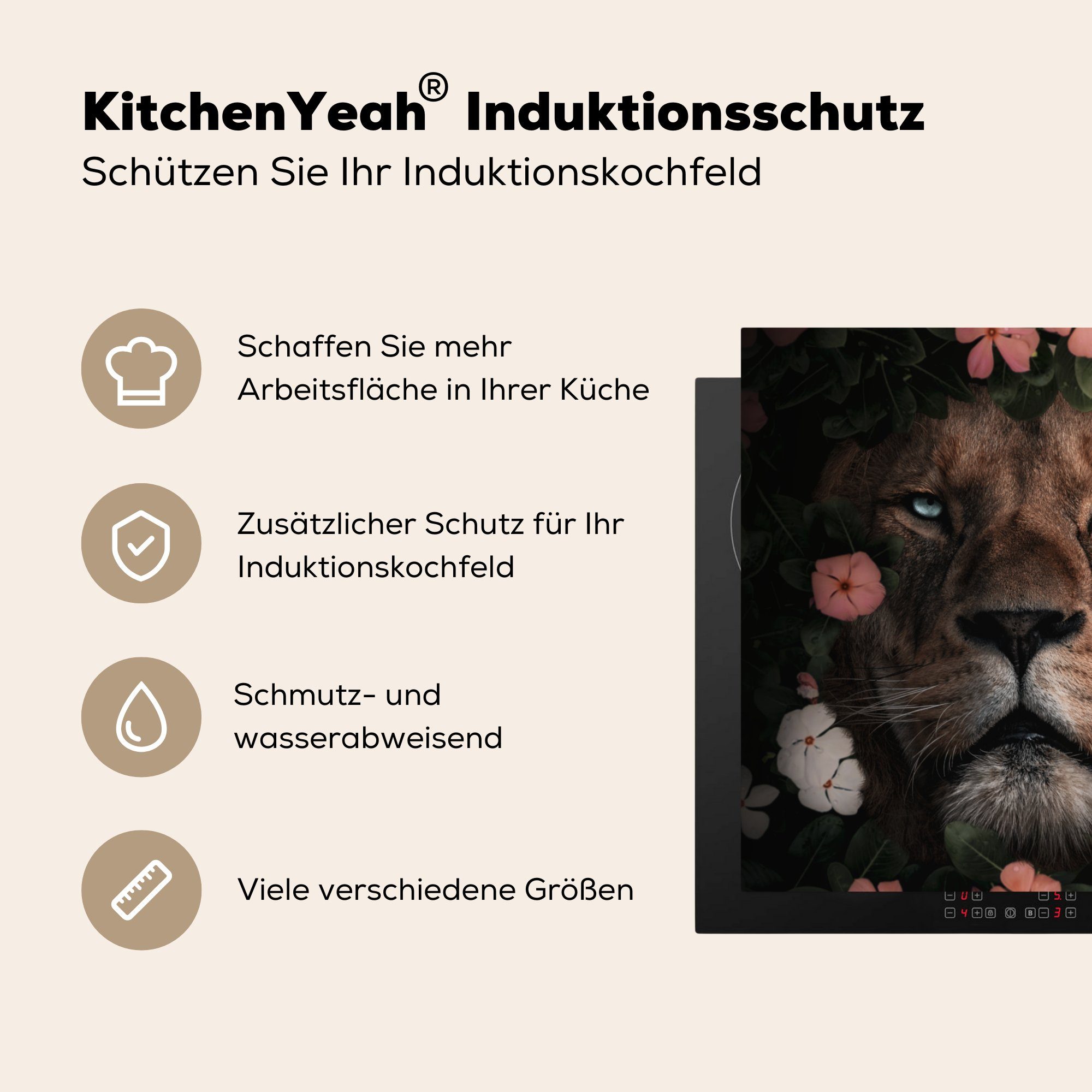 MuchoWow Herdblende-/Abdeckplatte Blumen - Dschungel für 78x78 küche - Vinyl, tlg), cm, (1 Ceranfeldabdeckung, Löwe, Arbeitsplatte