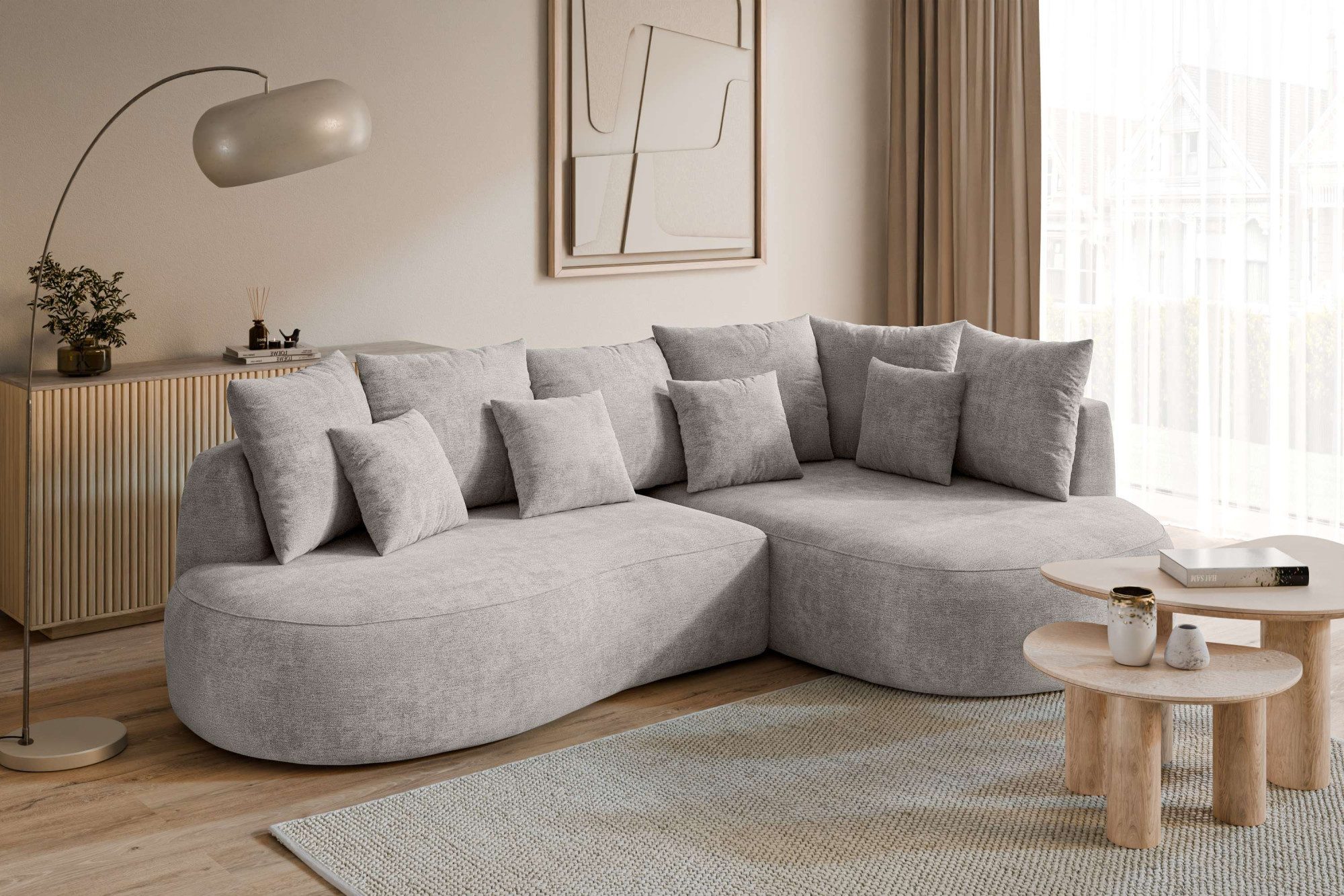 homsy by Ana Johnson Ecksofa PEBBLA L-Form mit vielen Kissen, modernes Design, Bezug- Struktur, Breite 267 cm, Design-Sofa mit Ottomane recht/links bestellbar