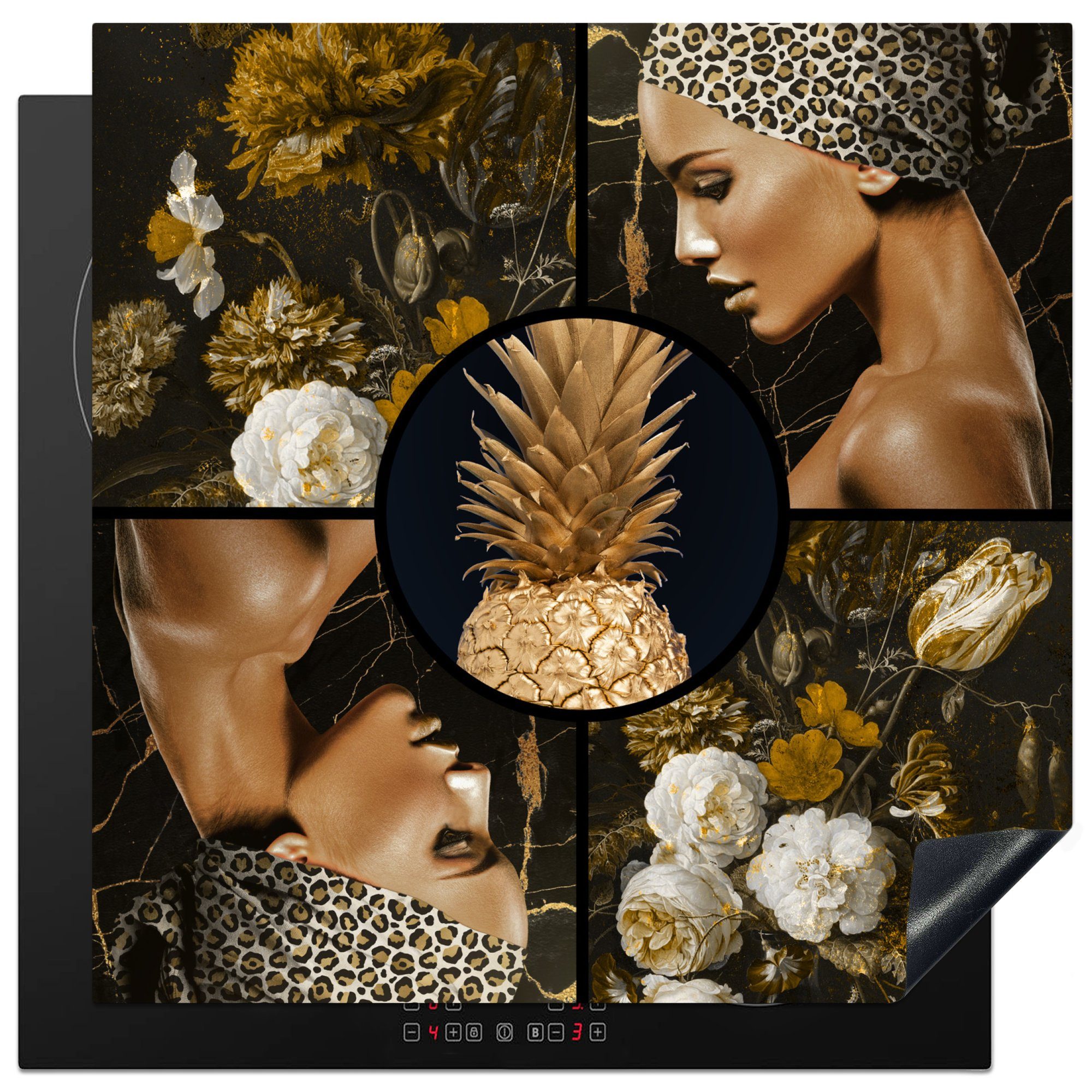 MuchoWow Herdblende-/Abdeckplatte Gold - Schwarz - Frauen - Blumen, Vinyl, (1 tlg), 78x78 cm, Ceranfeldabdeckung, Arbeitsplatte für küche