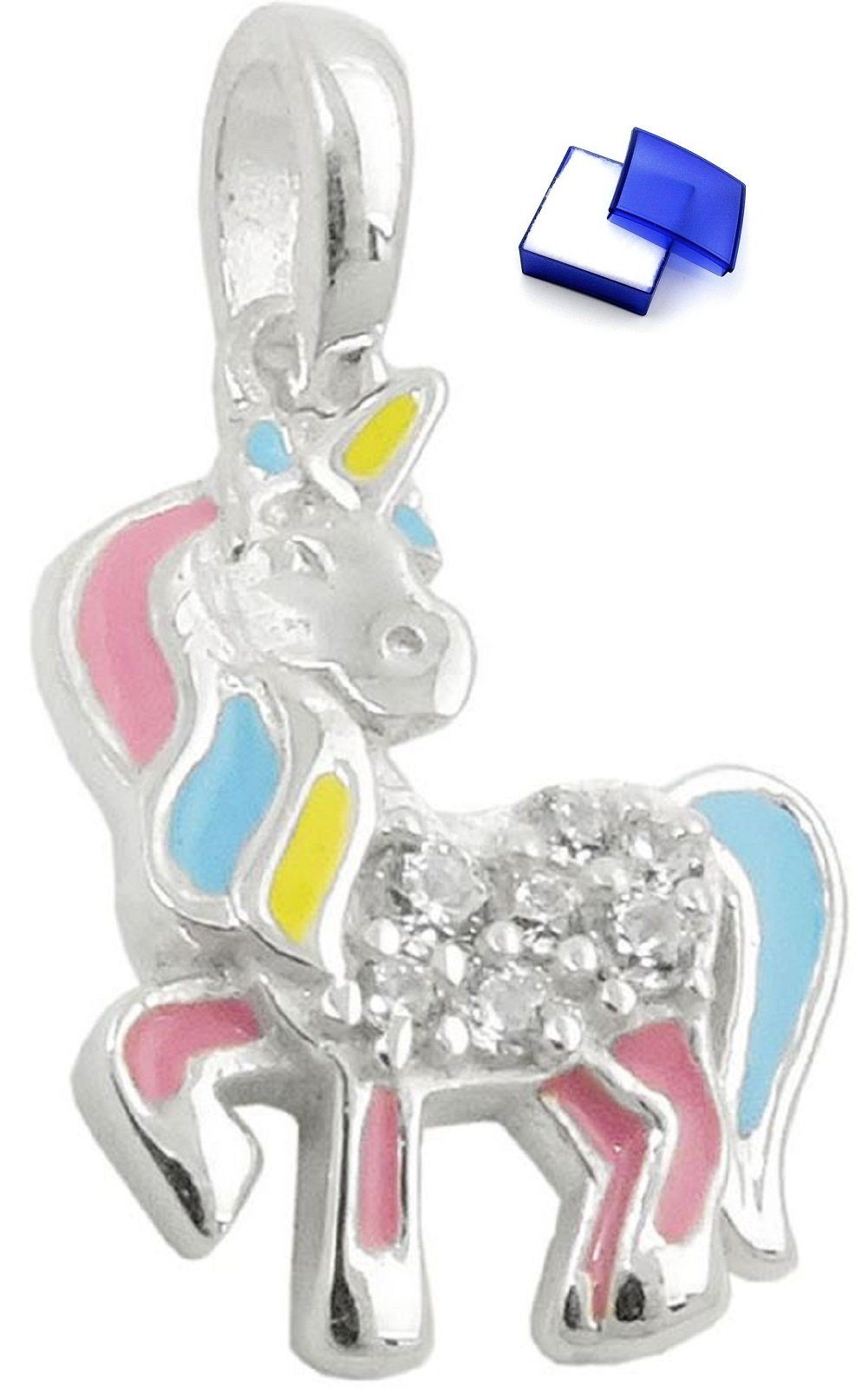 925 mit Pastellfarben Kinder Einhorn unbespielt für Kinder Kettenanhänger x Anhänger Silber Silberschmuck 11 Zirkonias inkl. mm kleiner Schmuckbox, 15