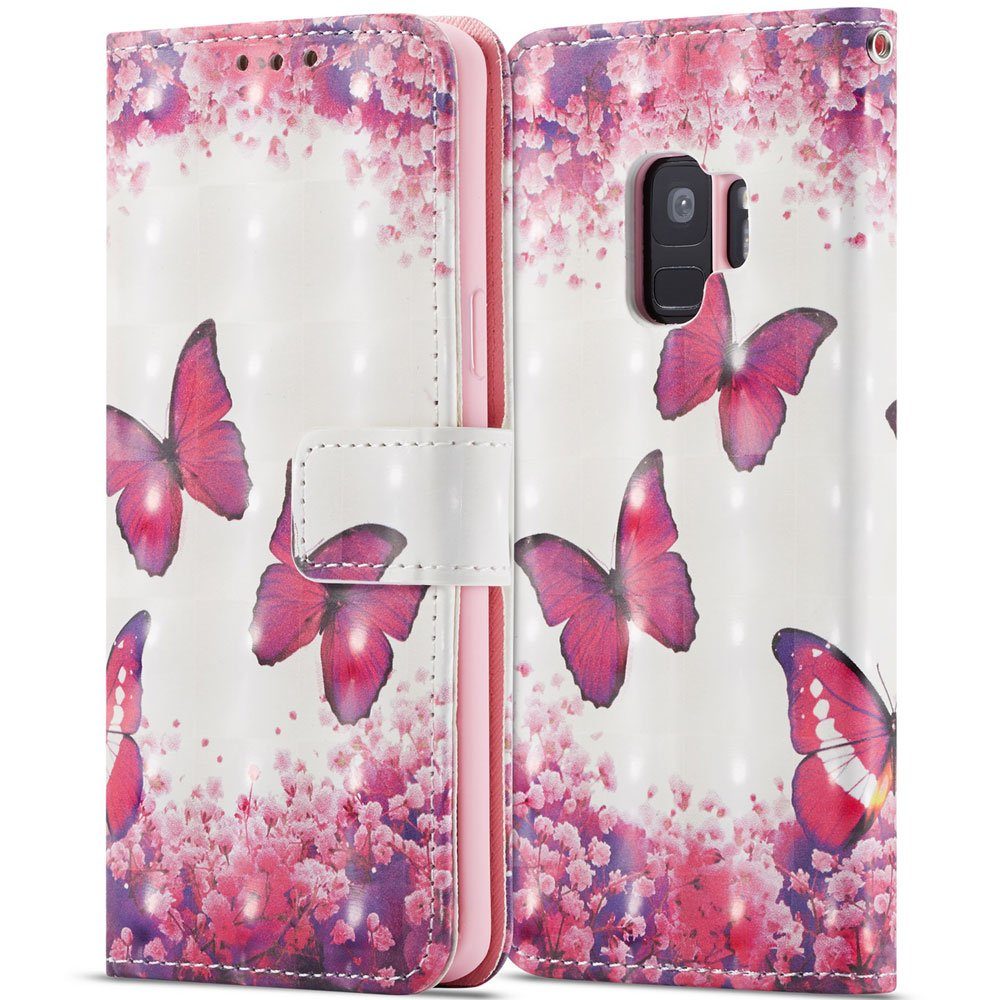 FITSU Handyhülle Handytasche für Samsung Galaxy S9 Hülle Schmetterling Motiv 5,8 Zoll, Flipcase für Samsung S9 Handyhülle, Handytasche mit Kartenfach