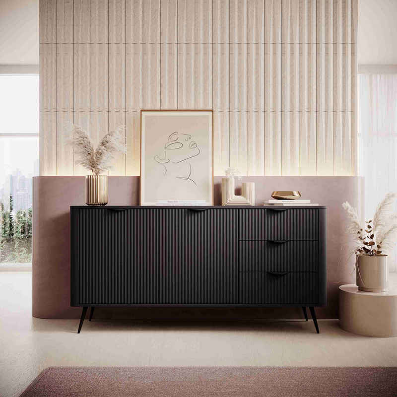 Furnix Kombikommode Katine 163 Design Sideboard mit Schubladen und Türen Metallfüße, mit dekorativen Metallgriffen, moderne Rillenoptik