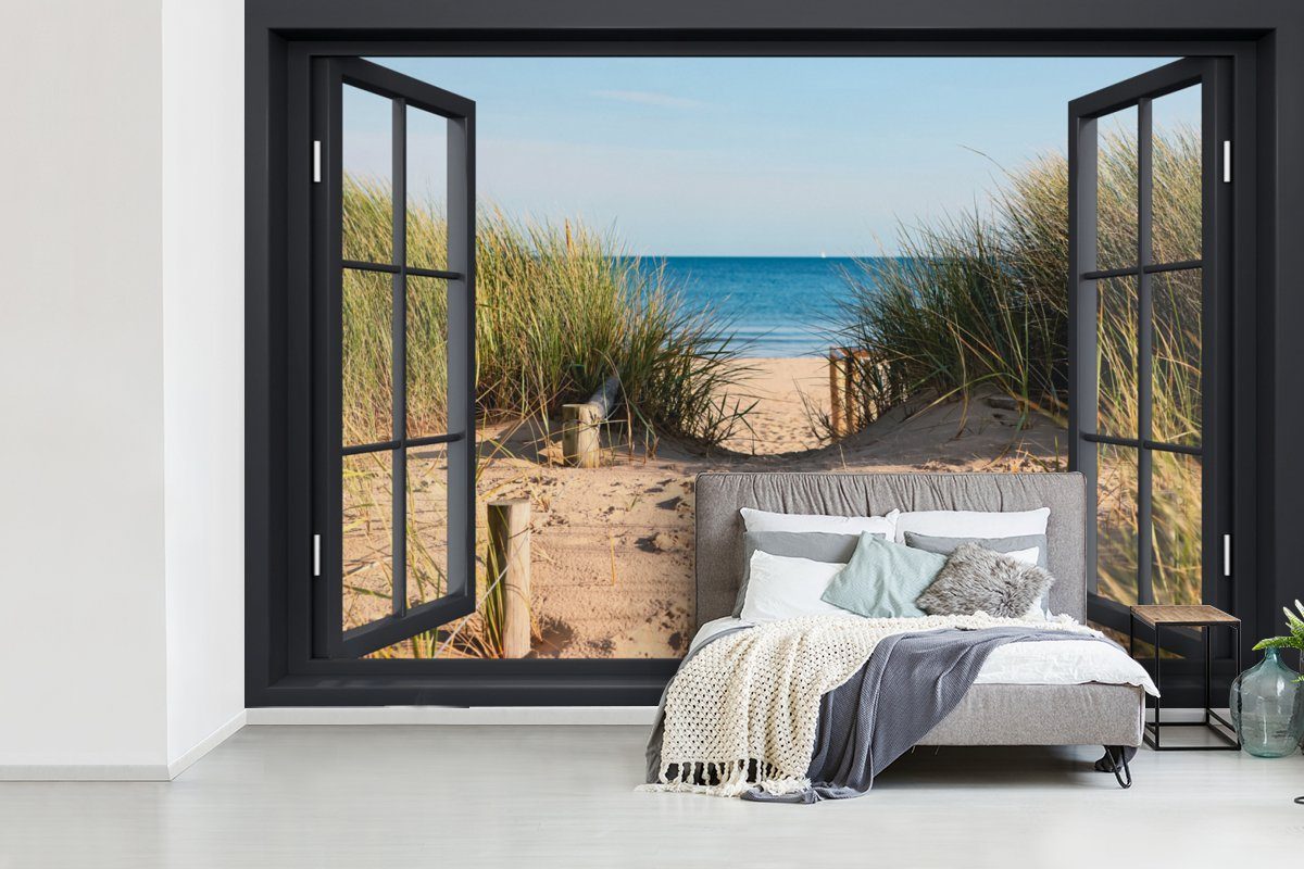 - - bedruckt, - Wohnzimmer, für Tapete Durchblick (6 MuchoWow Dünen, Matt, Strand - Fototapete Wasser Strandhafer Meer St), Sand - Kinderzimmer, Vinyl Schlafzimmer, Wallpaper -