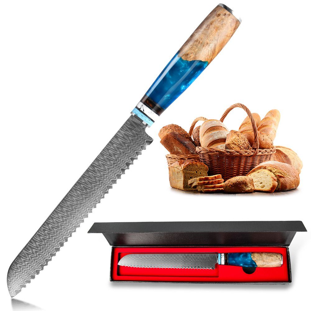 KEENZO Brotmesser 8-Zoll Brotmesser mit Wellenschliff VG10 Damaststahl Küchenmesser
