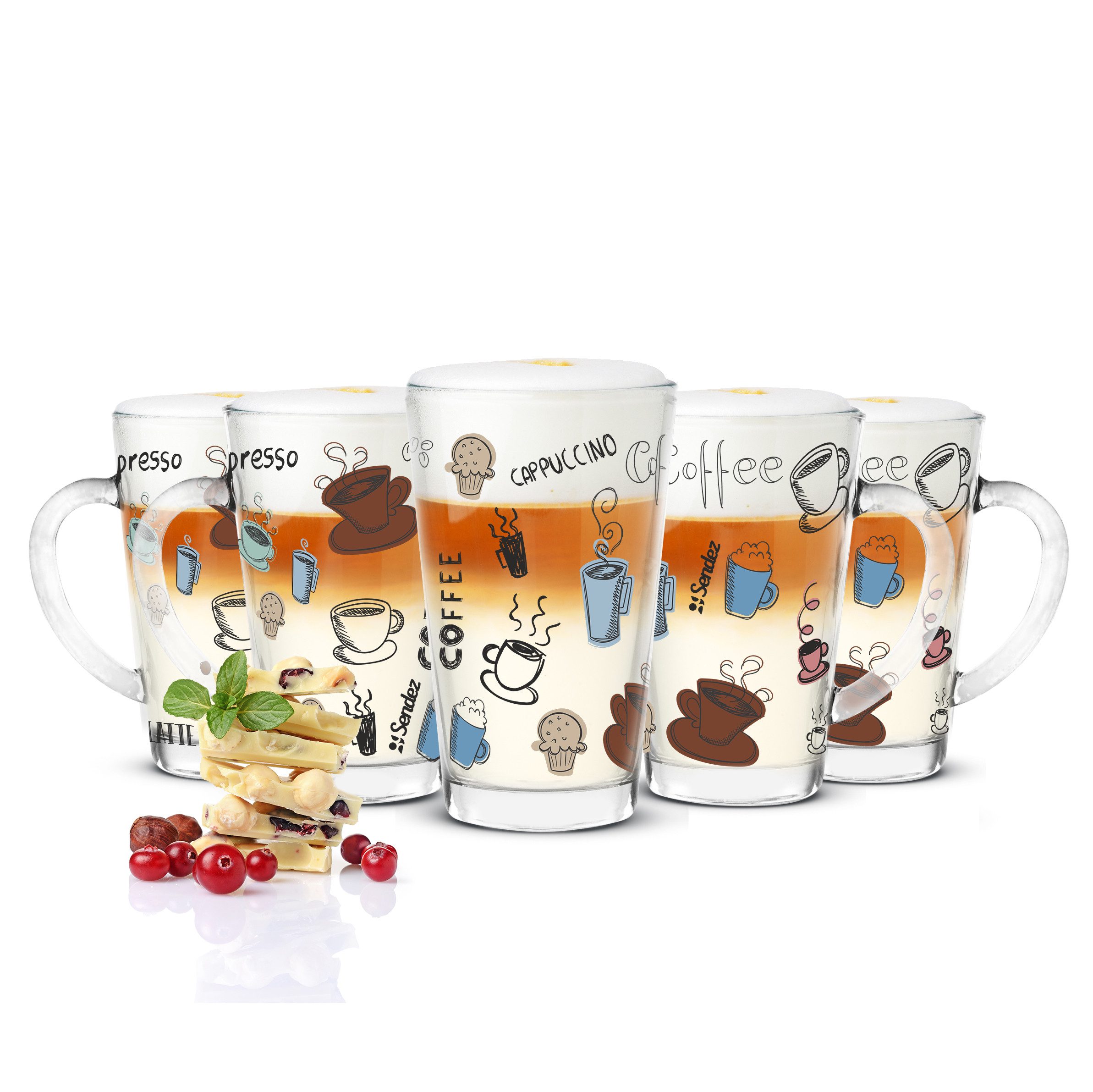 Sendez Latte-Macchiato-Glas 6 Latte Macchiato Gläser 300ml Kaffeegläser mit buntem Kaffee-Aufdruck, 6-tlg., Glas